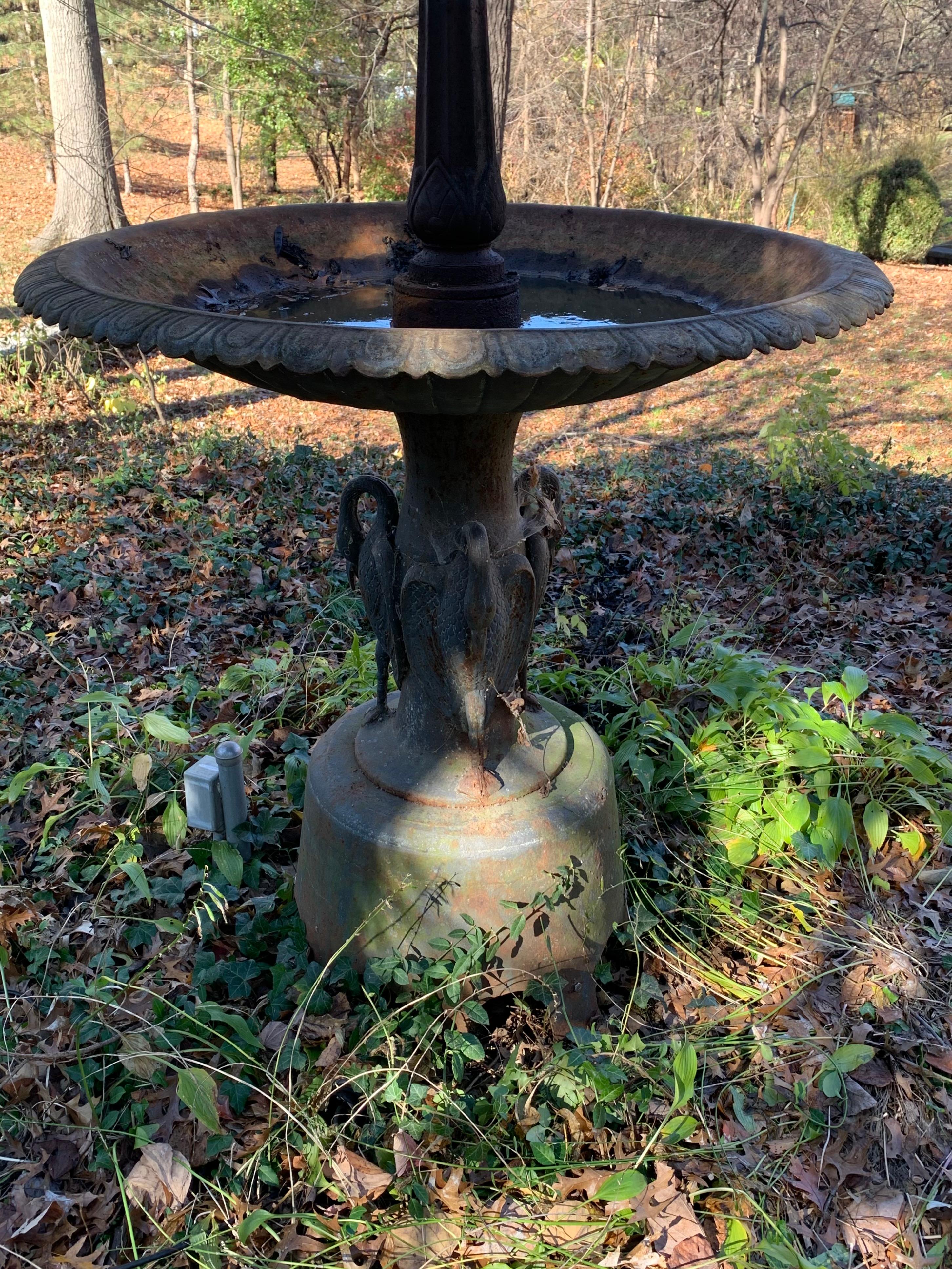 Mid-20th Century Vintage Cast Iron Victorian Style Three-Tier Heron Reclaimed Fountain - Restored