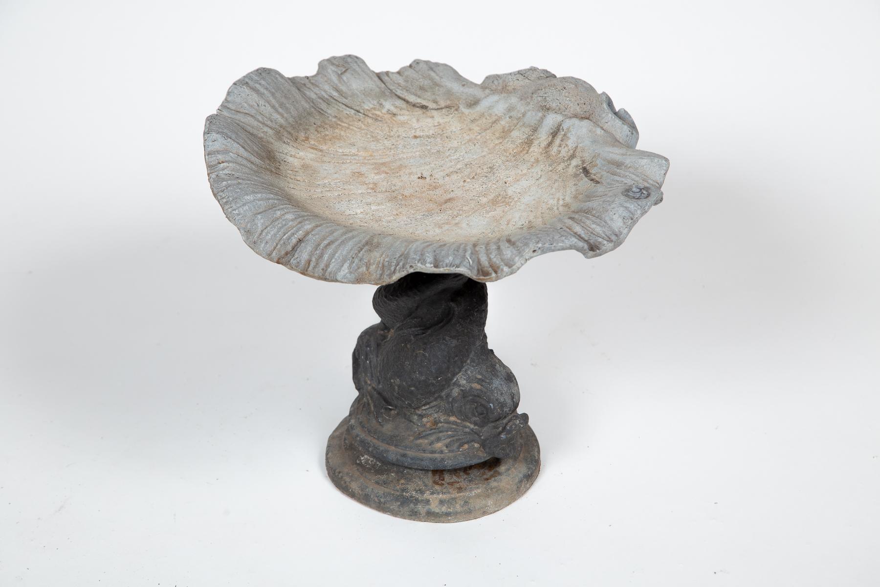 Vintage Cast Lead Shell Form Bird Bath, circa 1920's. Stylized'Dolphin base.' 
Heavy cast lead with aged patina.