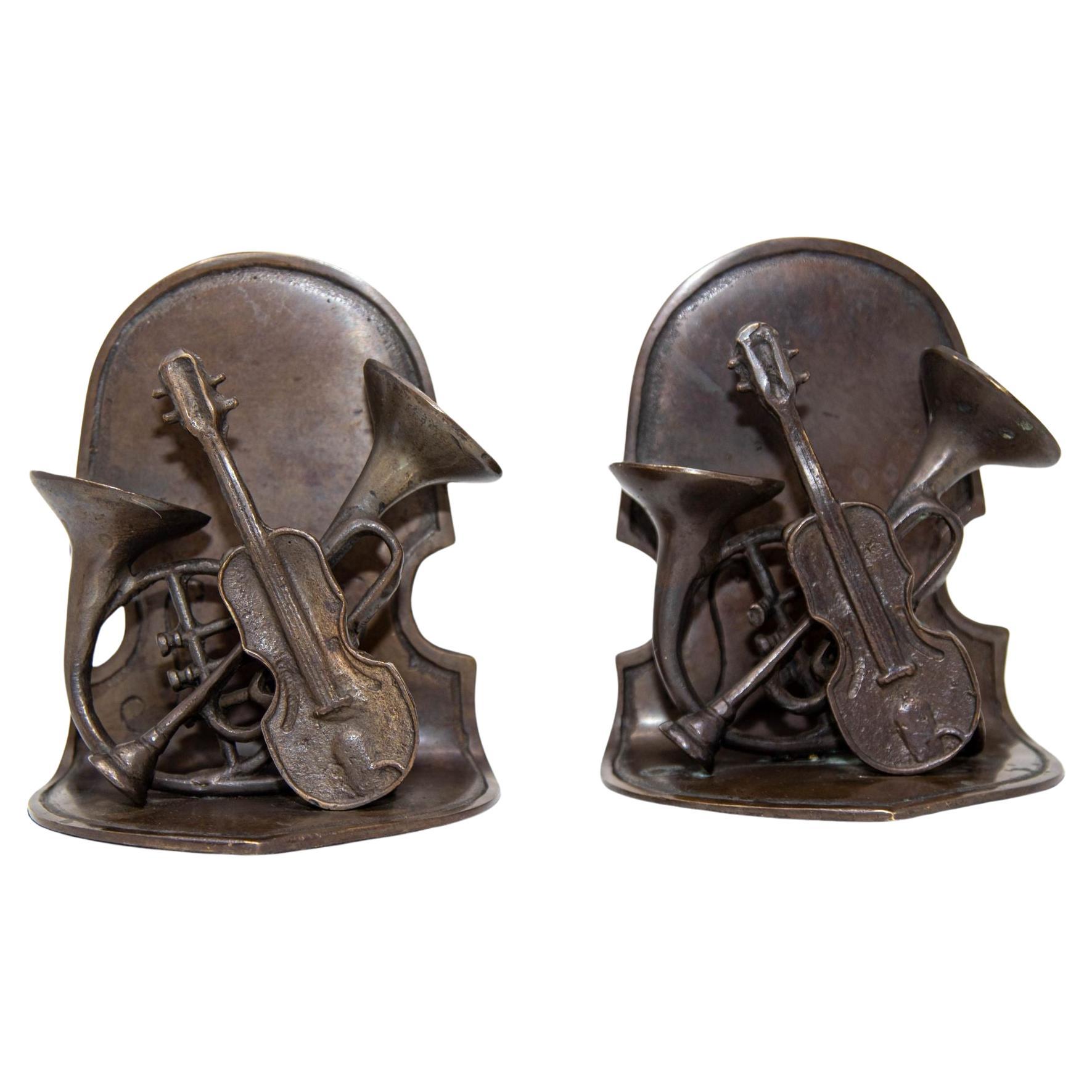 Musical Violin and Horn Sculpture Cast Metal Bookends Vintage Circa 1950's