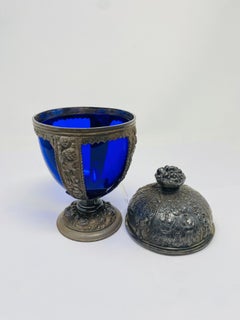 Vintage Cast Metal Chalice with Cobalt Glass Art Nouveau