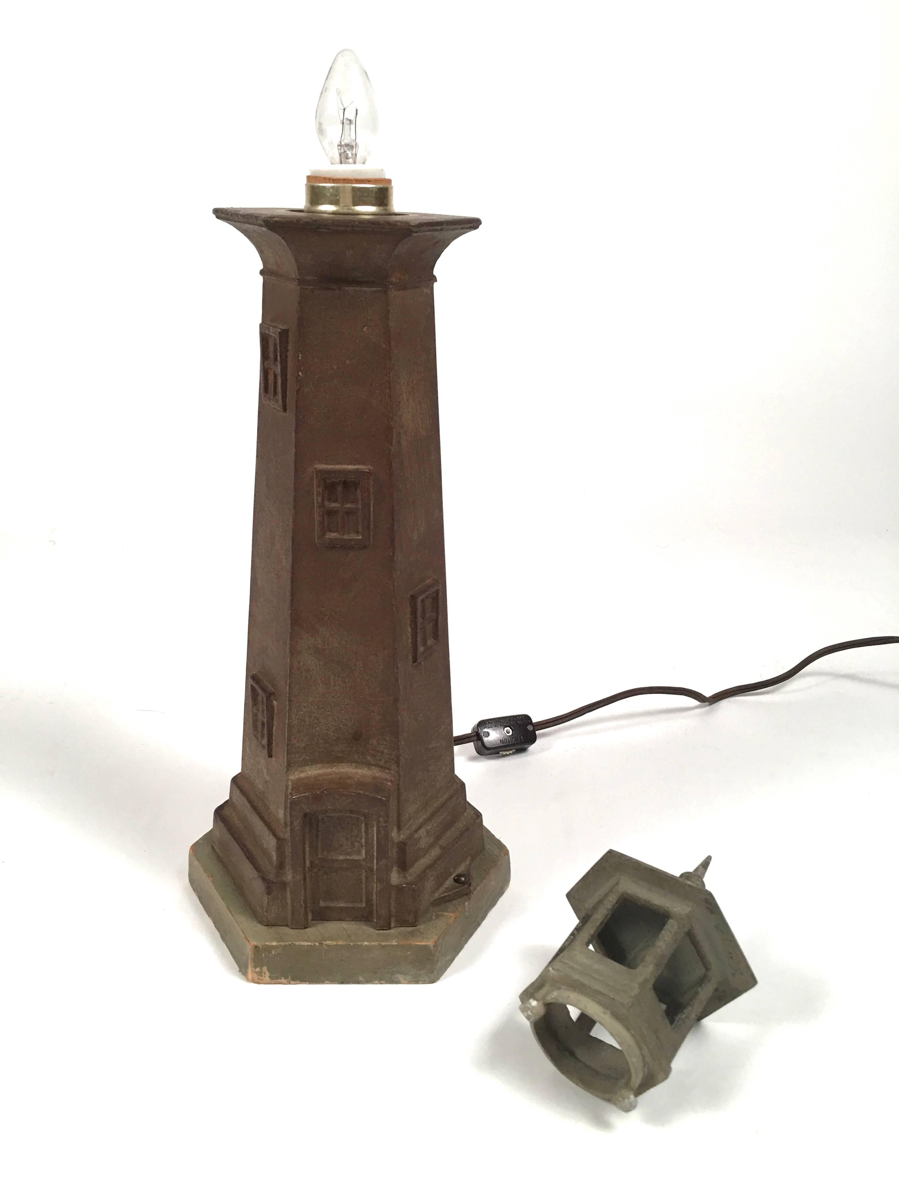 Vintage Cast Metal Lighthouse Lamp In Good Condition In Essex, MA