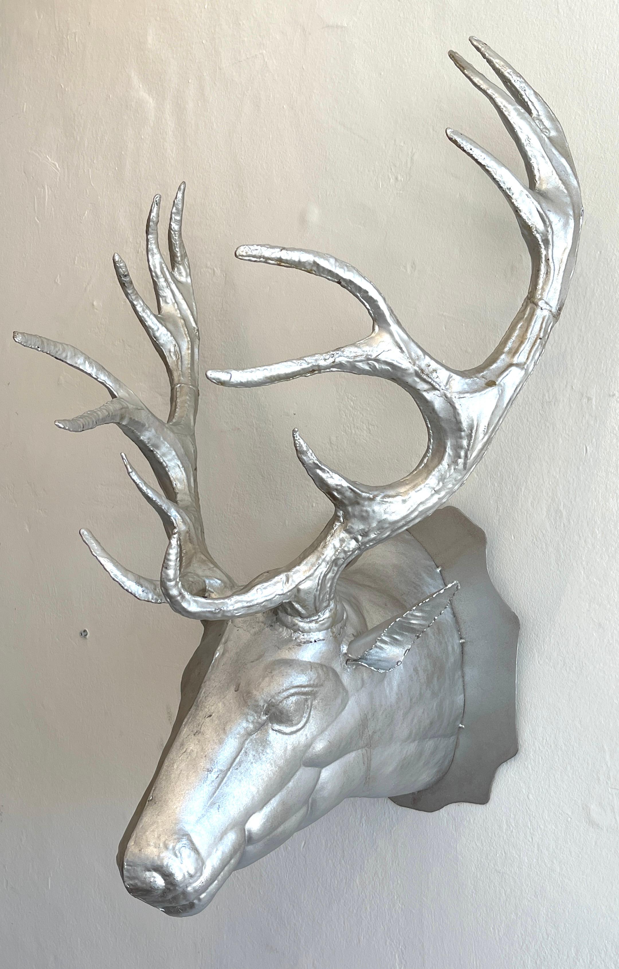 Vintage Cast Metal Trophy Stag Head Wall Mount, Nicely detailed, great size and scale, the silvered metal aluminum casting stands 27