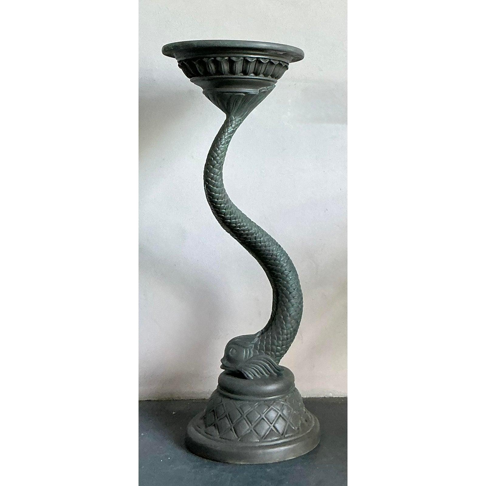 Hollywood Regency Vintage Cast Resin Verdigris Koi Pedestal For Sale