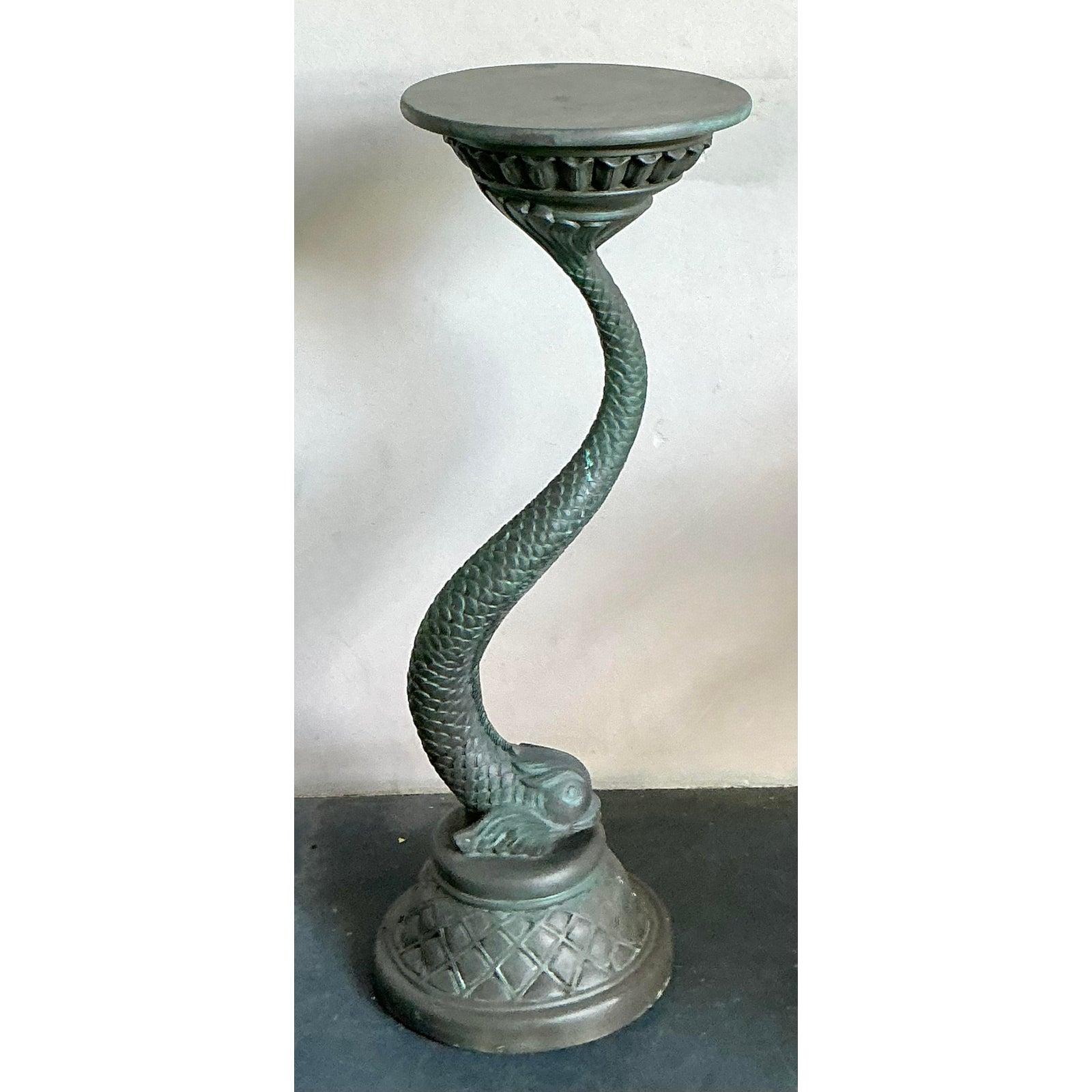 American Vintage Cast Resin Verdigris Koi Pedestal For Sale