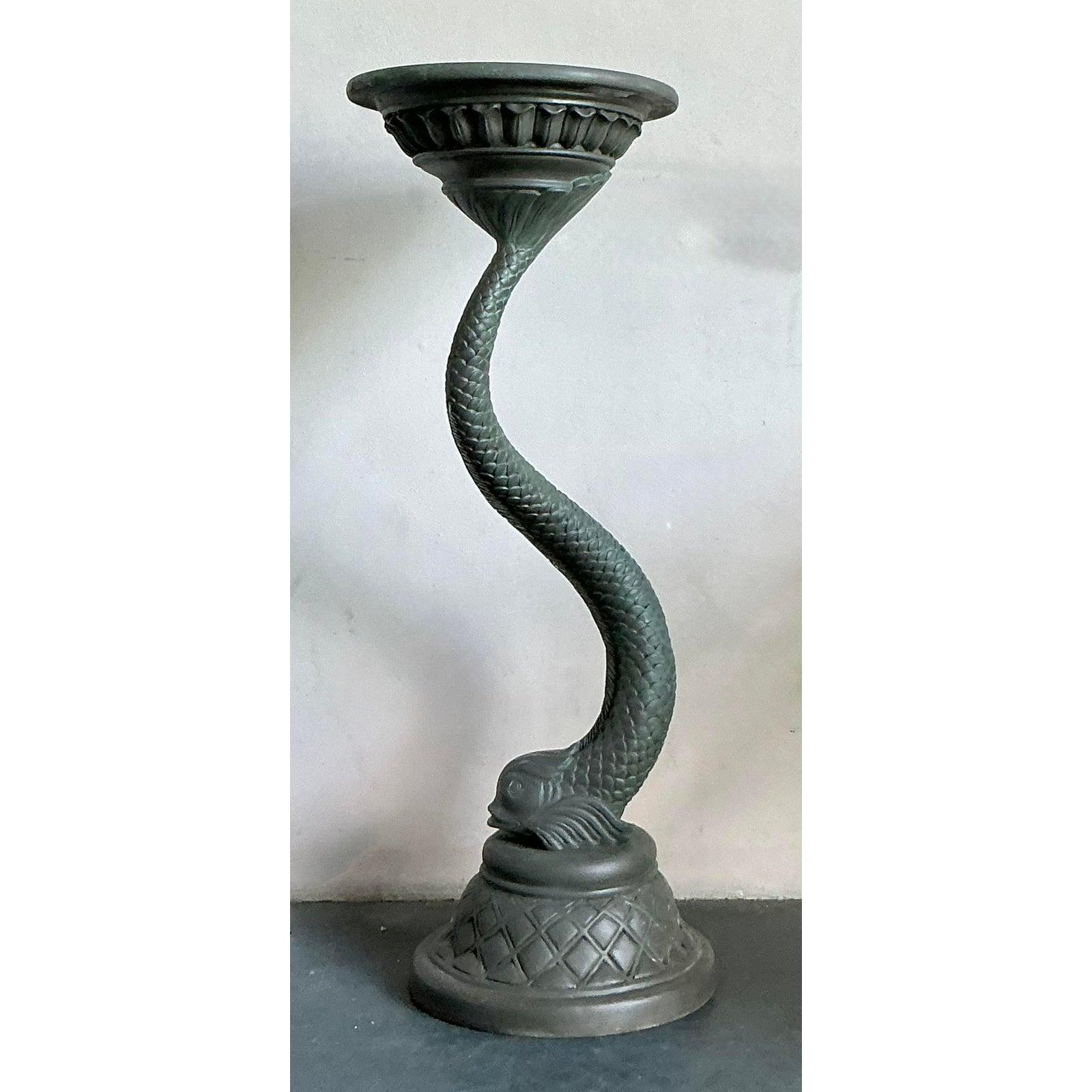 Vintage Cast Resin Verdigris Koi Pedestal In Good Condition For Sale In West Palm Beach, FL