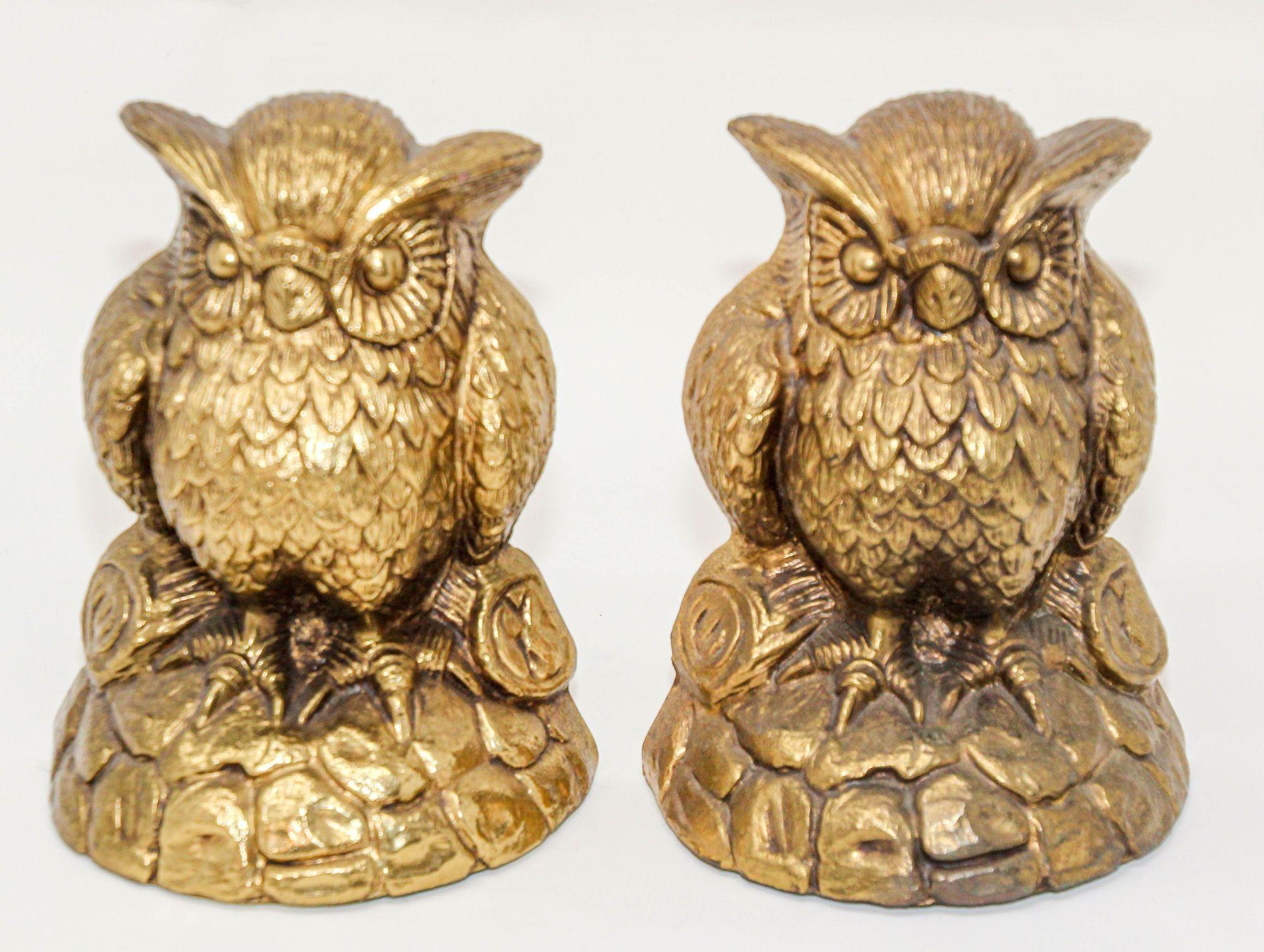 Vintage Cast Solid Brass Owl Bookends Mid-Century Modern 1950s For Sale 5