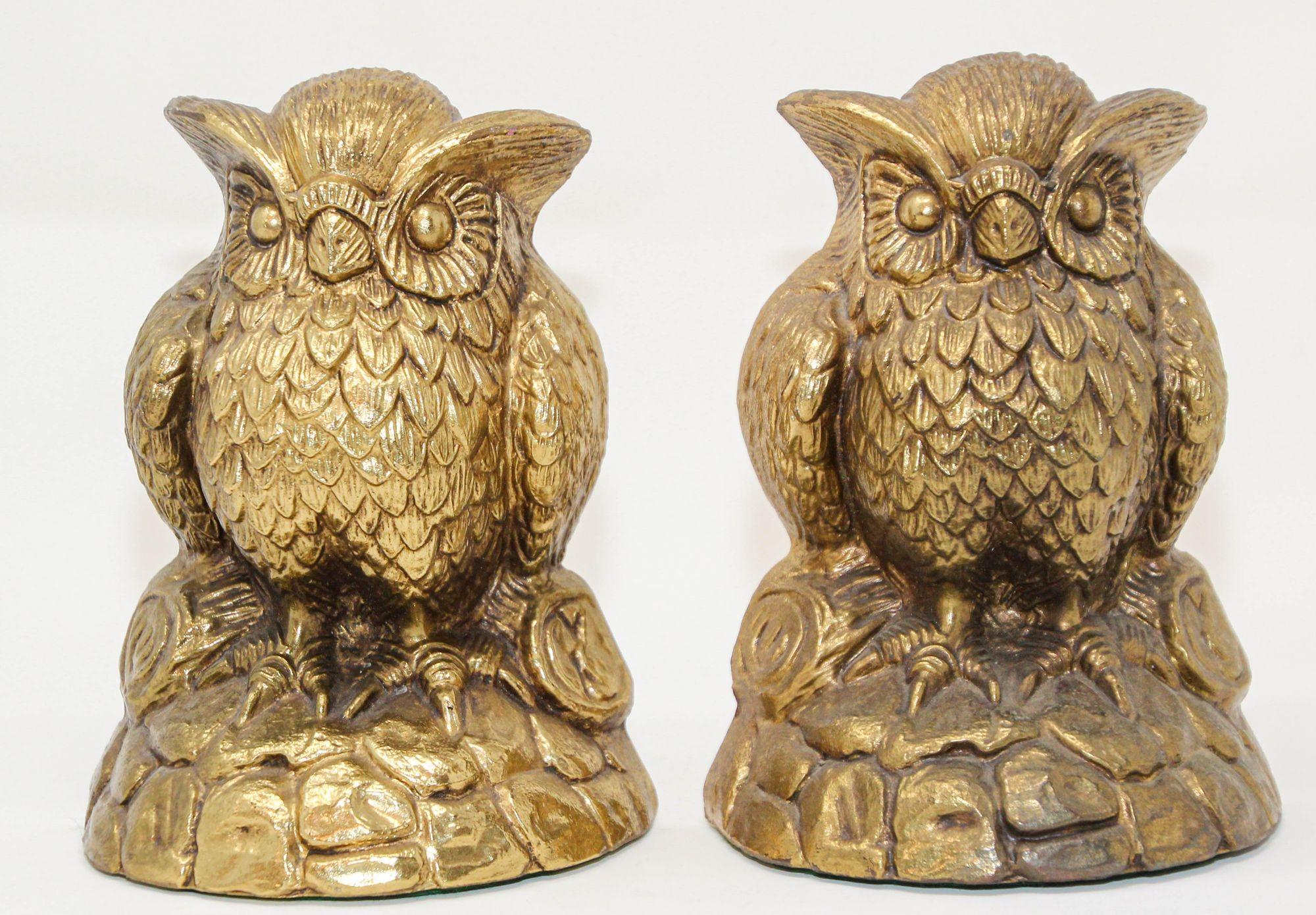 American Vintage Cast Solid Brass Owl Bookends Mid-Century Modern 1950s For Sale
