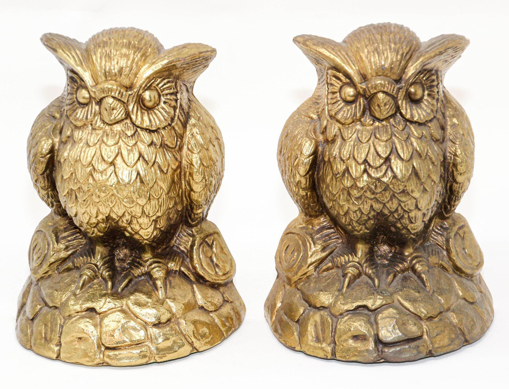 Vintage Cast Solid Brass Owl Bookends Mid-Century Modern 1950s In Good Condition For Sale In North Hollywood, CA