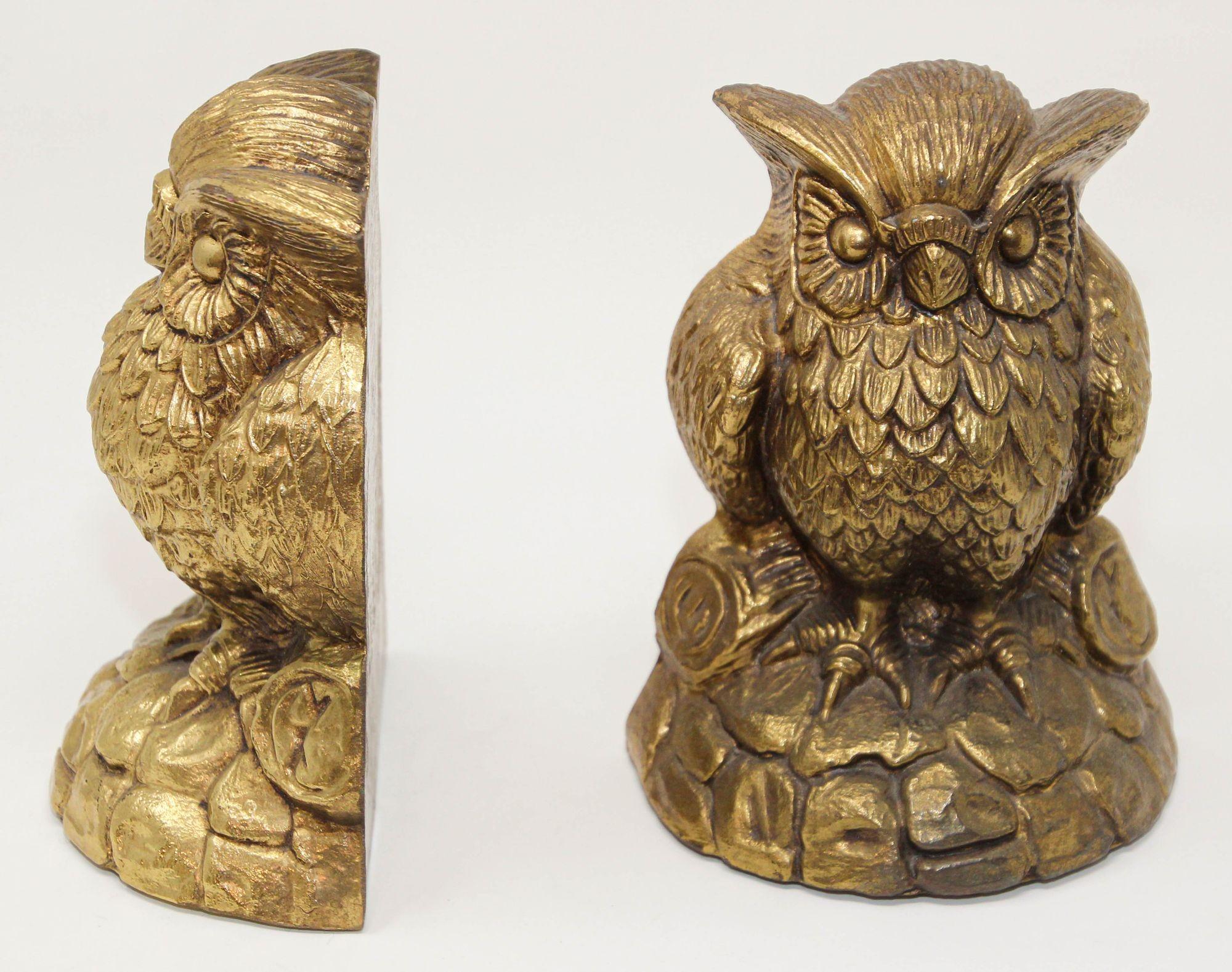 20th Century Vintage Cast Solid Brass Owl Bookends Mid-Century Modern 1950s For Sale