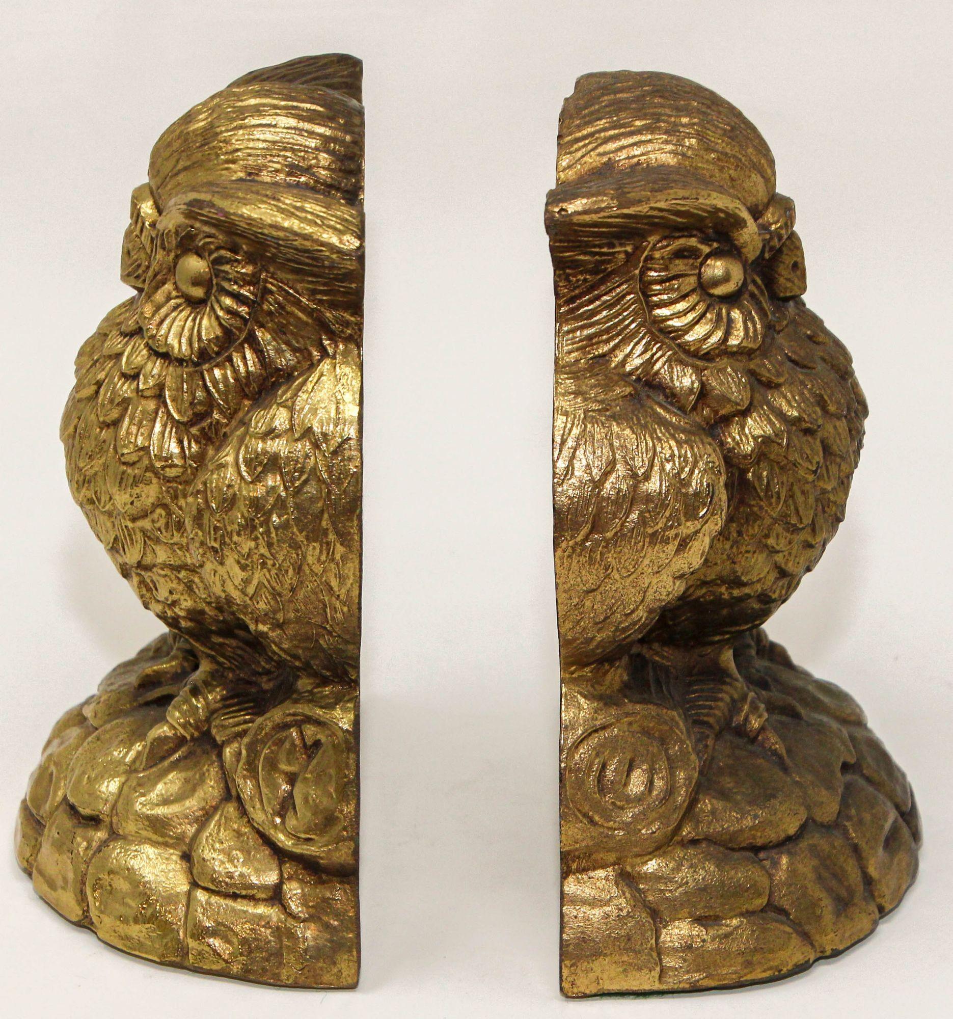Vintage Cast Solid Brass Owl Bookends Mid-Century Modern 1950s For Sale 1
