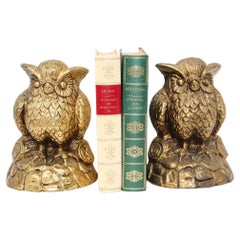 Antique Cast Solid Brass Owl Bookends Mid-Century Modern 1950s