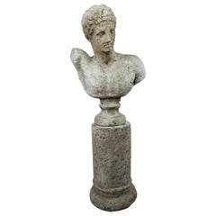 Vintage Cast Stone Bust of Hermes on Cast Stone Pedestal