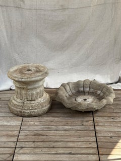 Vintage Cast Stone Garden Fountain with Fluted Pedestal & Scalloped Basin