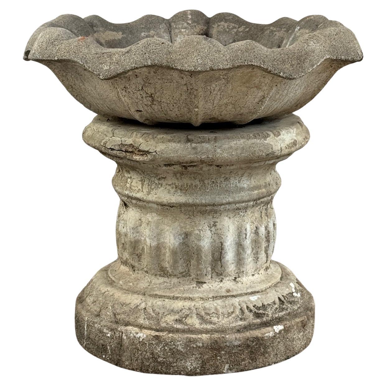 Vintage Cast Stone Garden Fountain with Fluted Pedestal & Scalloped Basin