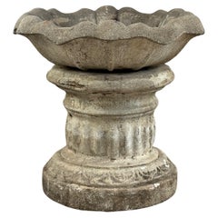 Vintage Cast Stone Garden Fountain with Fluted Pedestal & Scalloped Basin