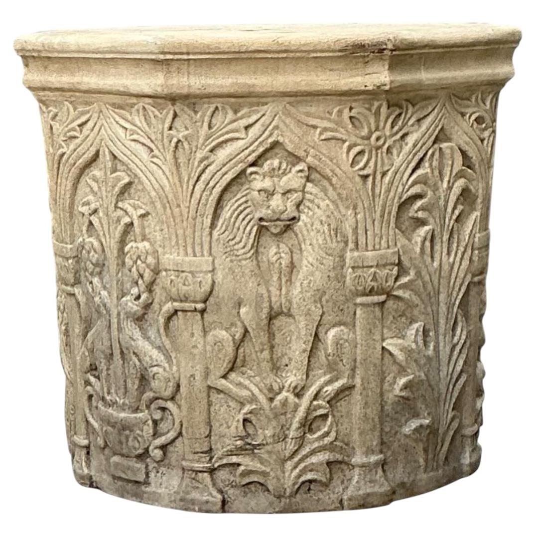 Vintage Cast Stone Lions Head Table Pedestal For Sale