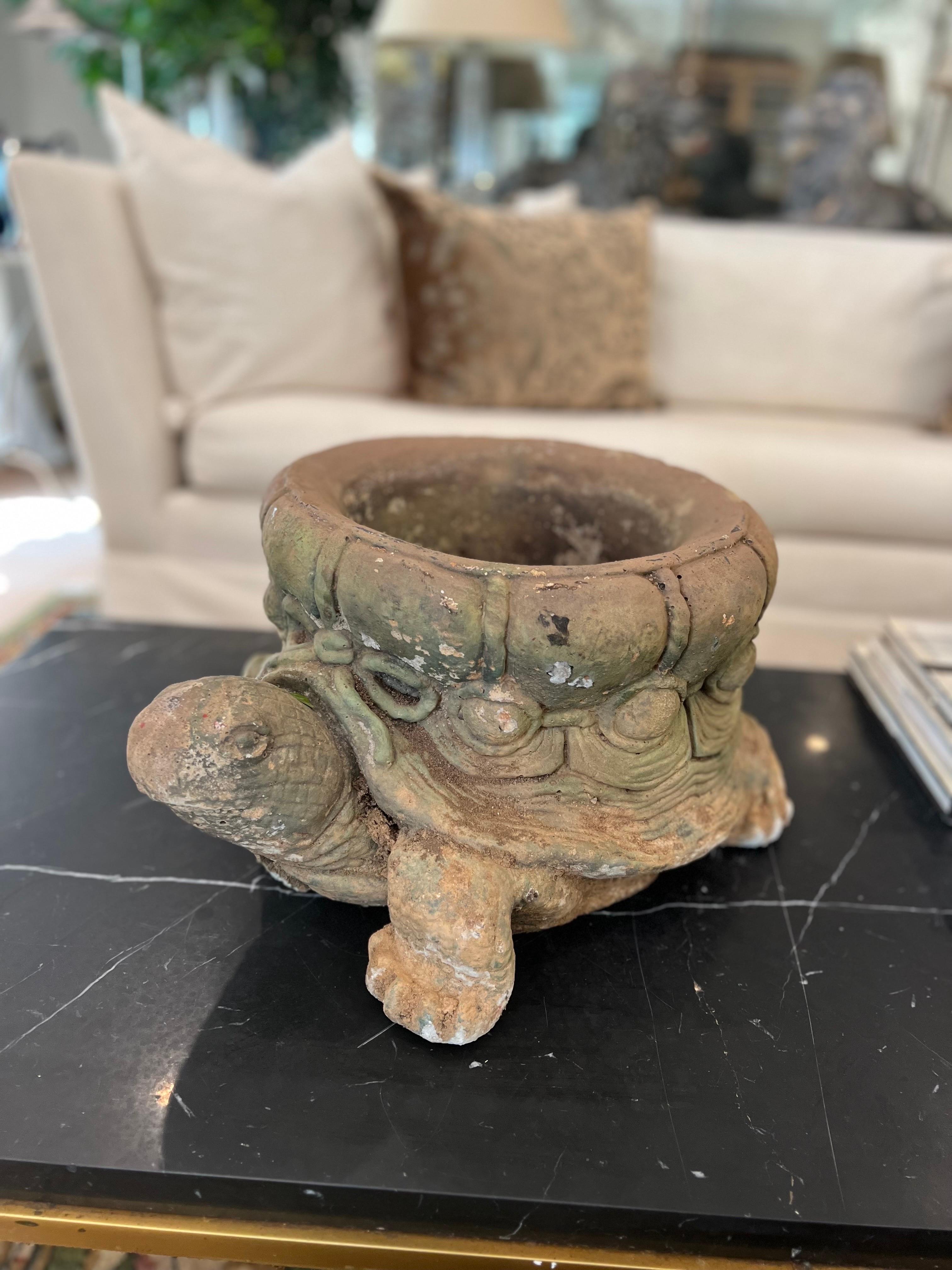 Overall good vintage condition with natural patina.  Great details to this large tortoise planter.  
Solid cast stone.  Has hole for drainage.  
See images for condition.  