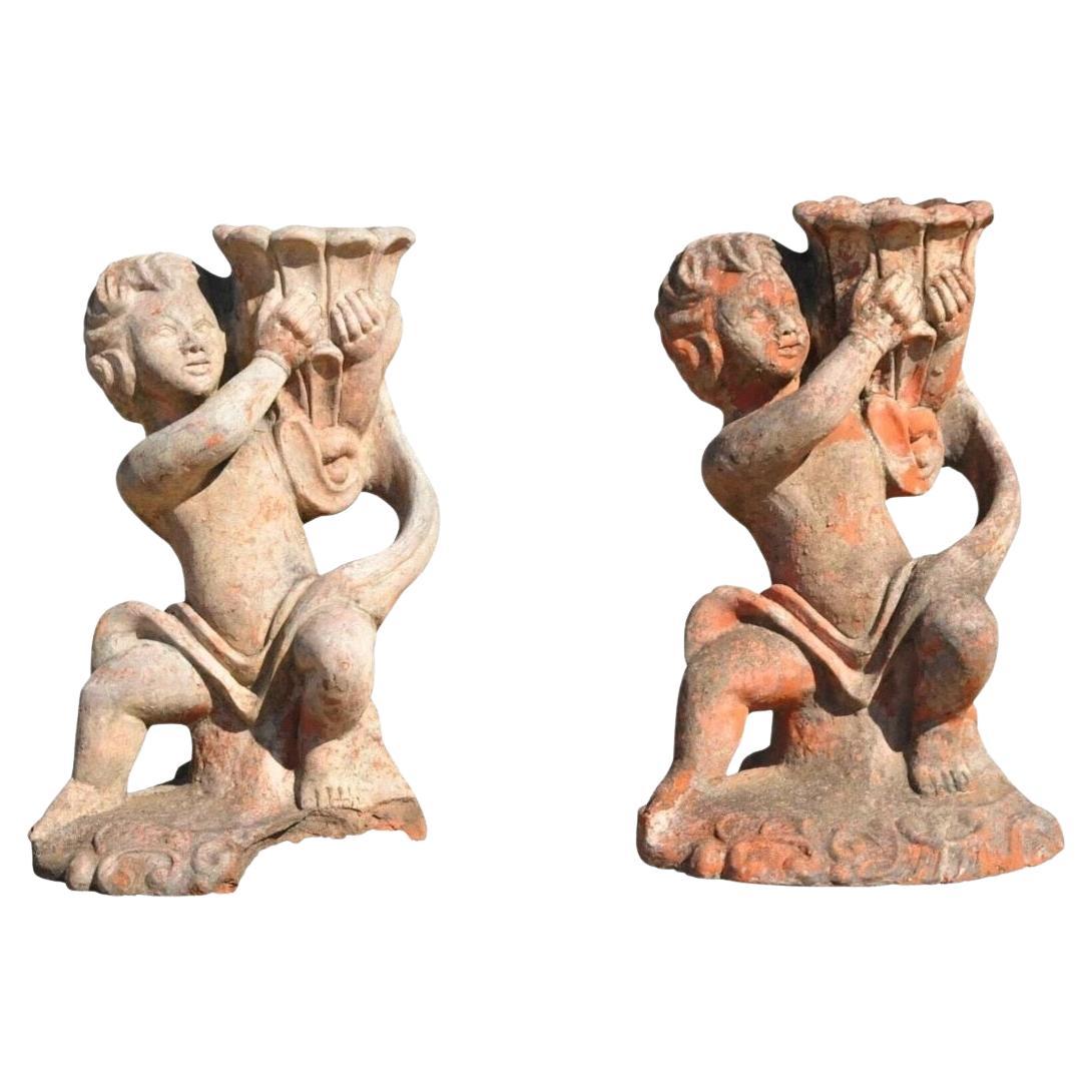 Vintage Cast Terracotta Figural 28" Cherub Putti Garden Planter Pots - a Pair For Sale