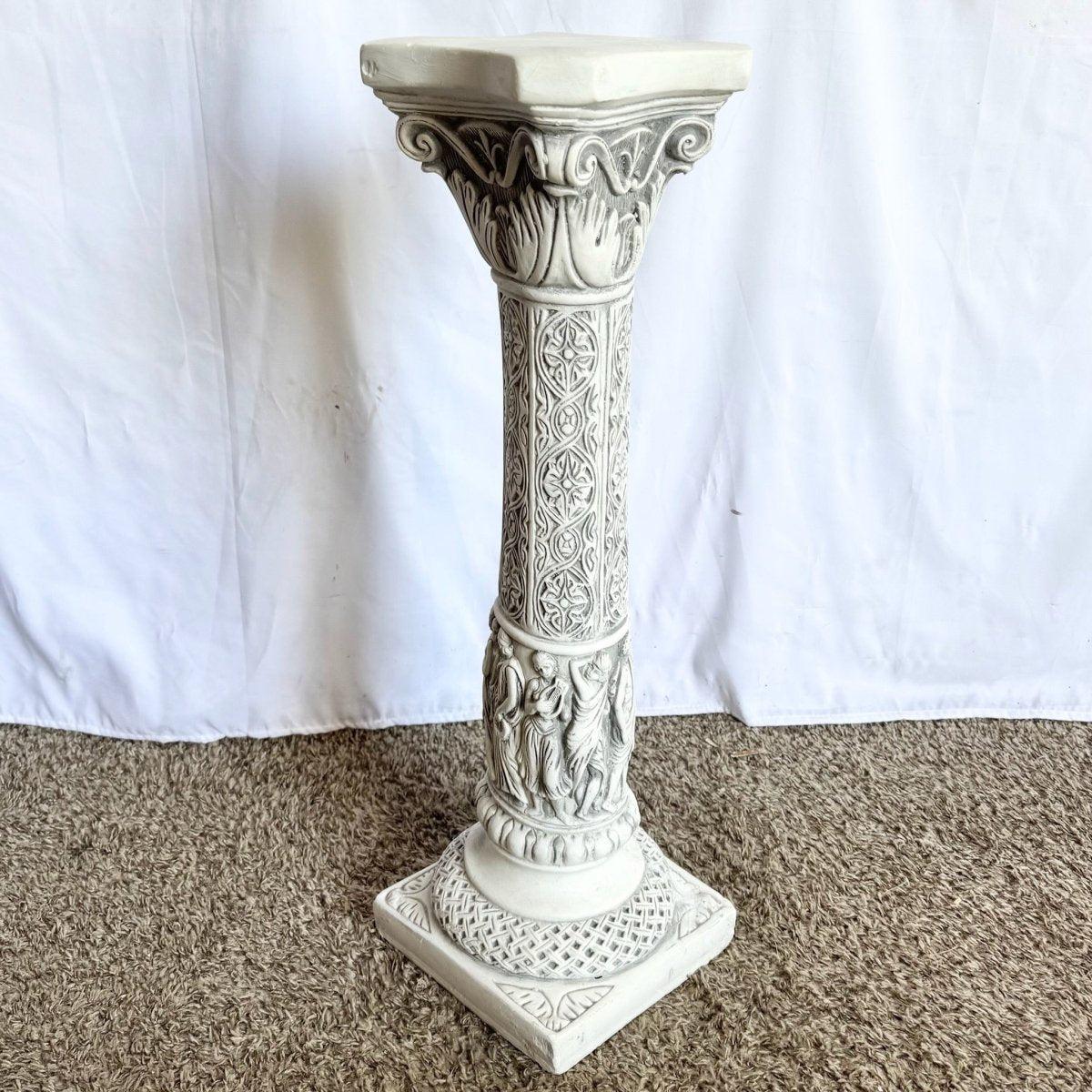 Vintage Chalkware Nine Muses Pedestal marries classical artistry and sculptural column form—a timeless accent for refined, cultured interiors.
 

 We sell items as acquired, without restoring or repairing. Vintage pieces may have age-related wear.
