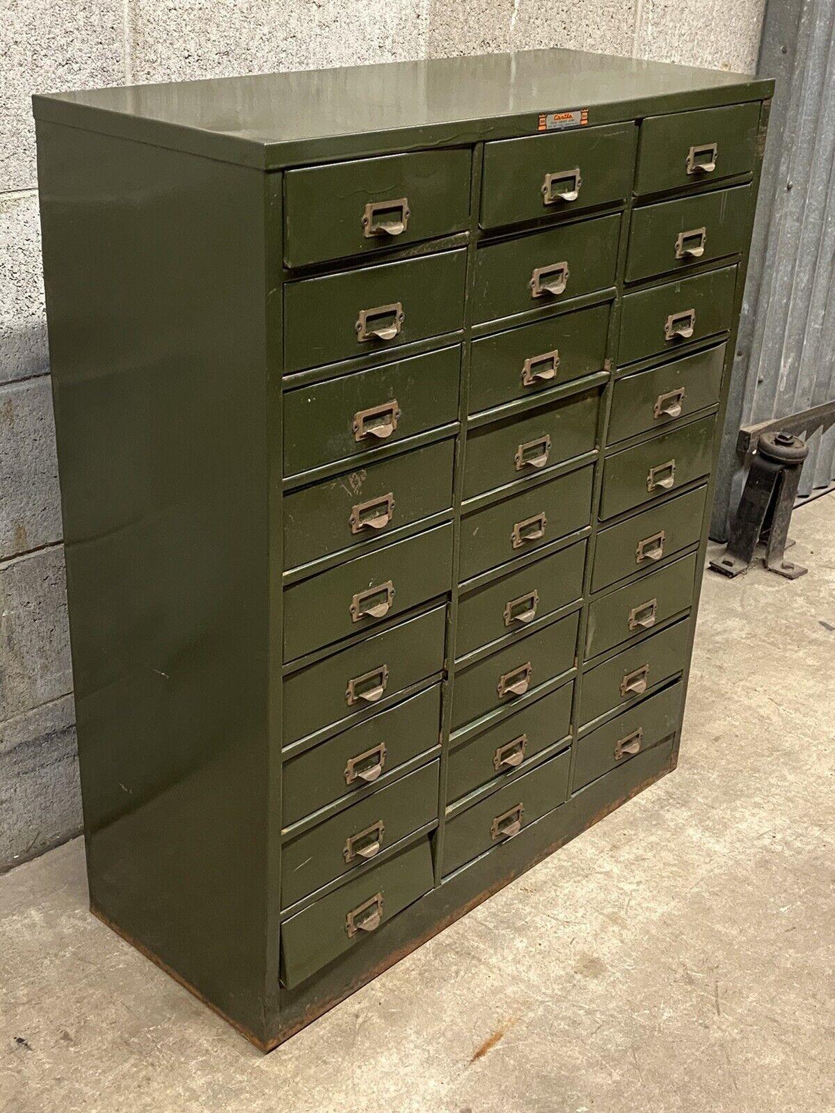 Vintage Castle Casol Cabinet Co Green Steel Metal Shop Hardware 27 Drawer Chest. Circa  Late 20th Century. Measurements: 36.5