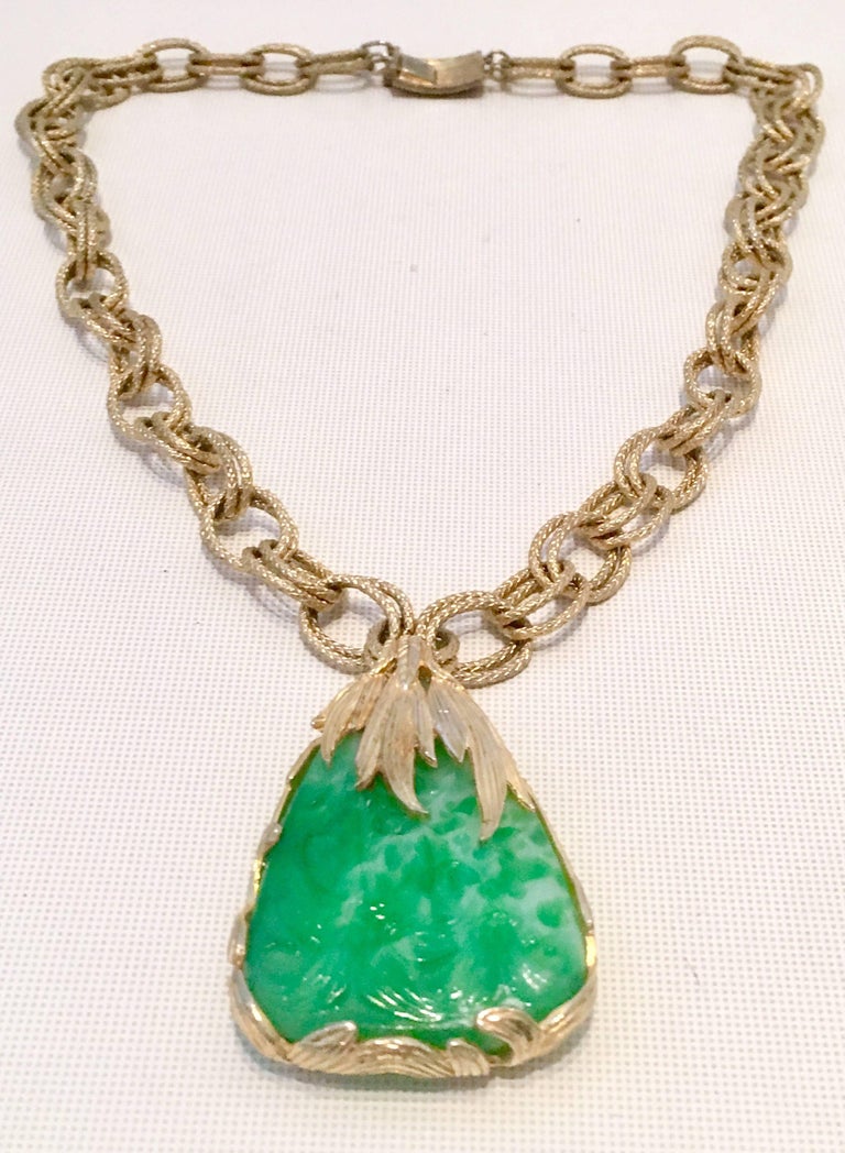70'S Castlecliff Gold and Faux Carved Jade Pendant Necklace at 1stdibs