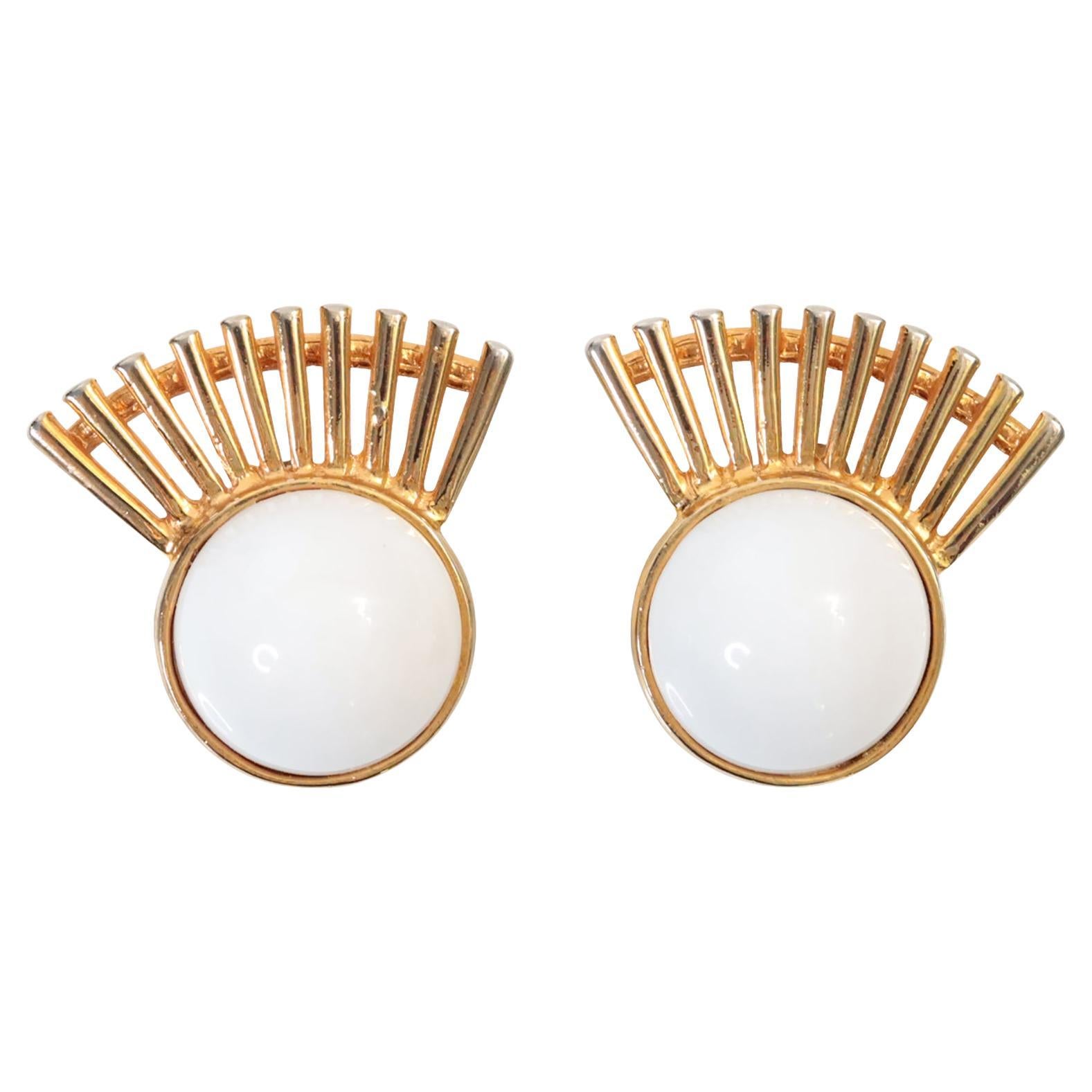 Vintage Castlecliff Gold Tone with White Art Deco Earrings Circa 1980s For Sale