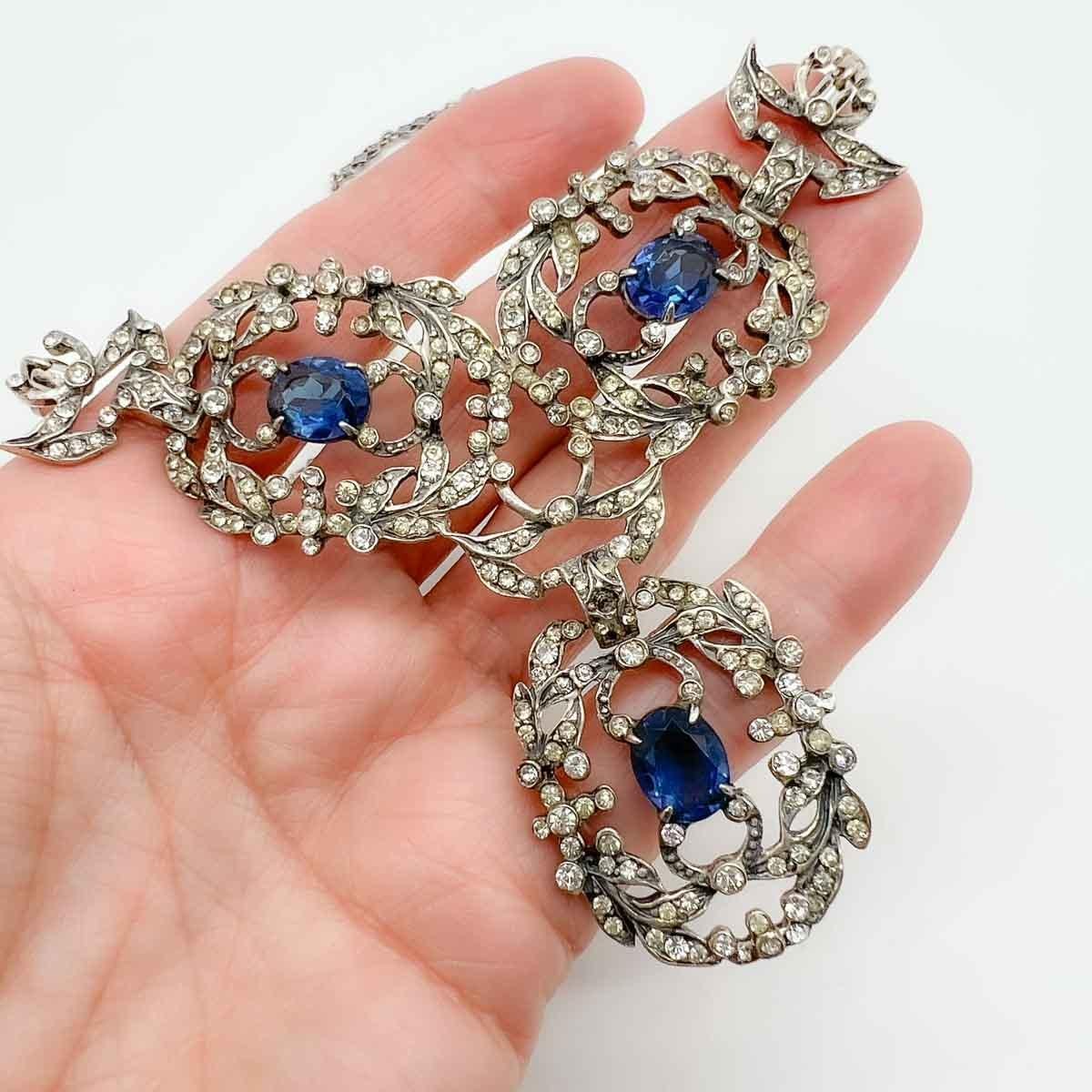 Vintage Castlecliff Renaissance Sterling Silver & Sapphire Paste Necklace 1940s In Good Condition For Sale In Wilmslow, GB