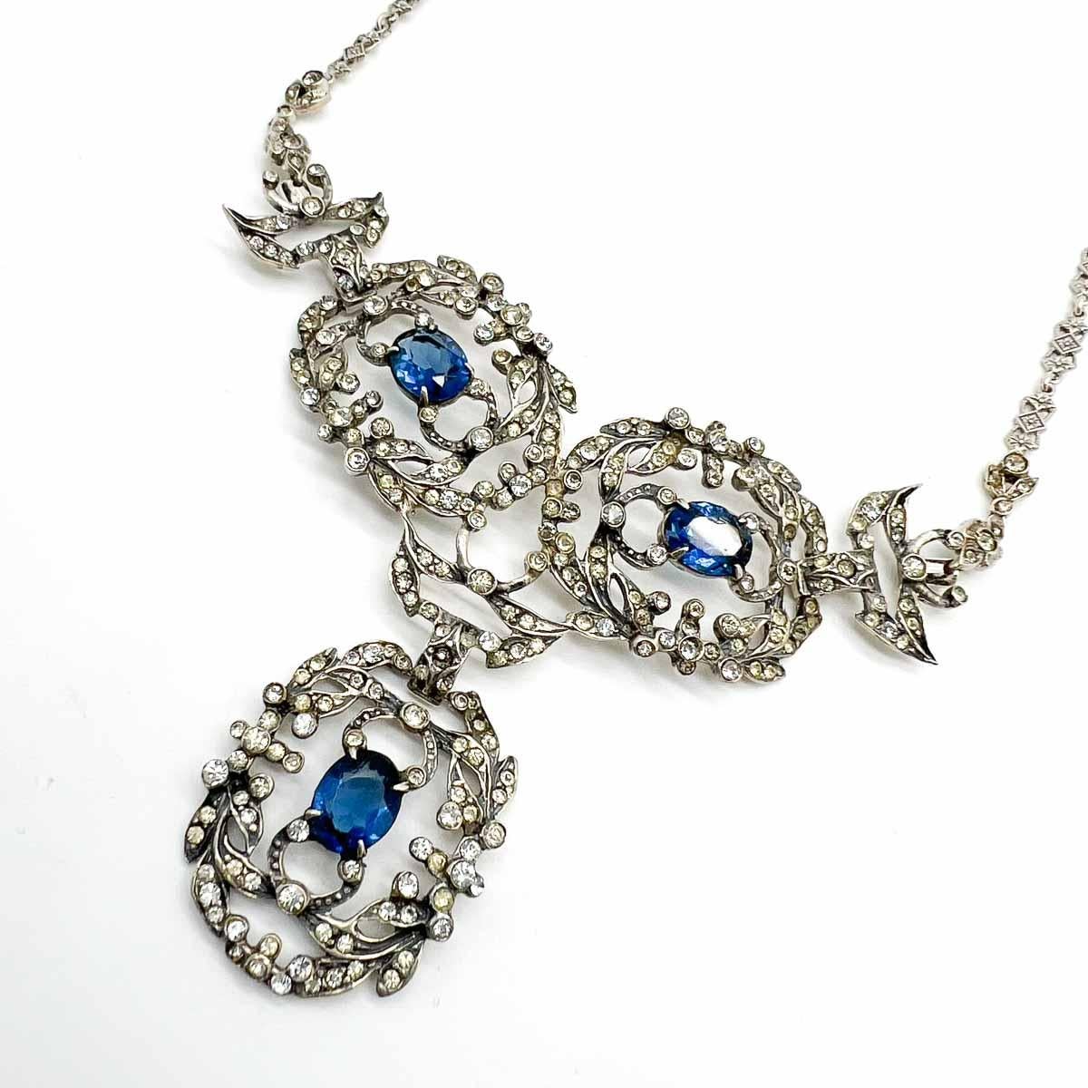 Women's Vintage Castlecliff Renaissance Sterling Silver & Sapphire Paste Necklace 1940s For Sale