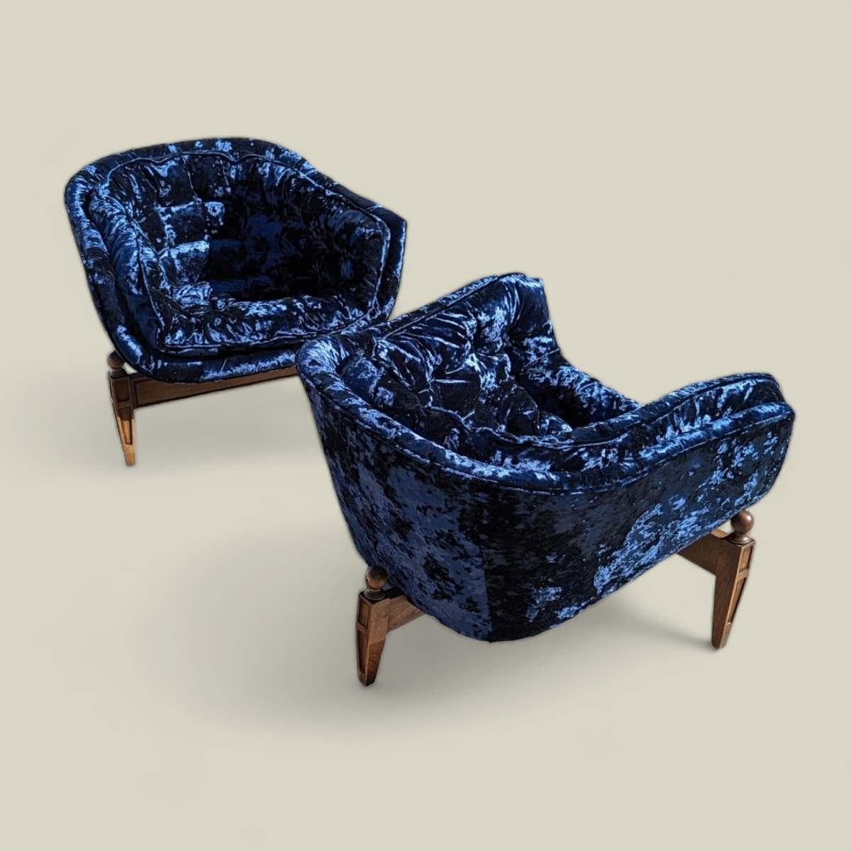 Mid-Century Modern Vintage Castro Convertibles Blue Velvet Armchairs Mid Century Accent chairs For Sale