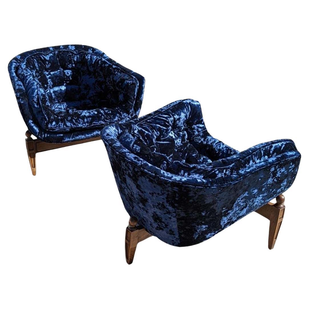 Vintage Castro Convertibles Blue Velvet Armchairs Mid Century Accent chairs For Sale