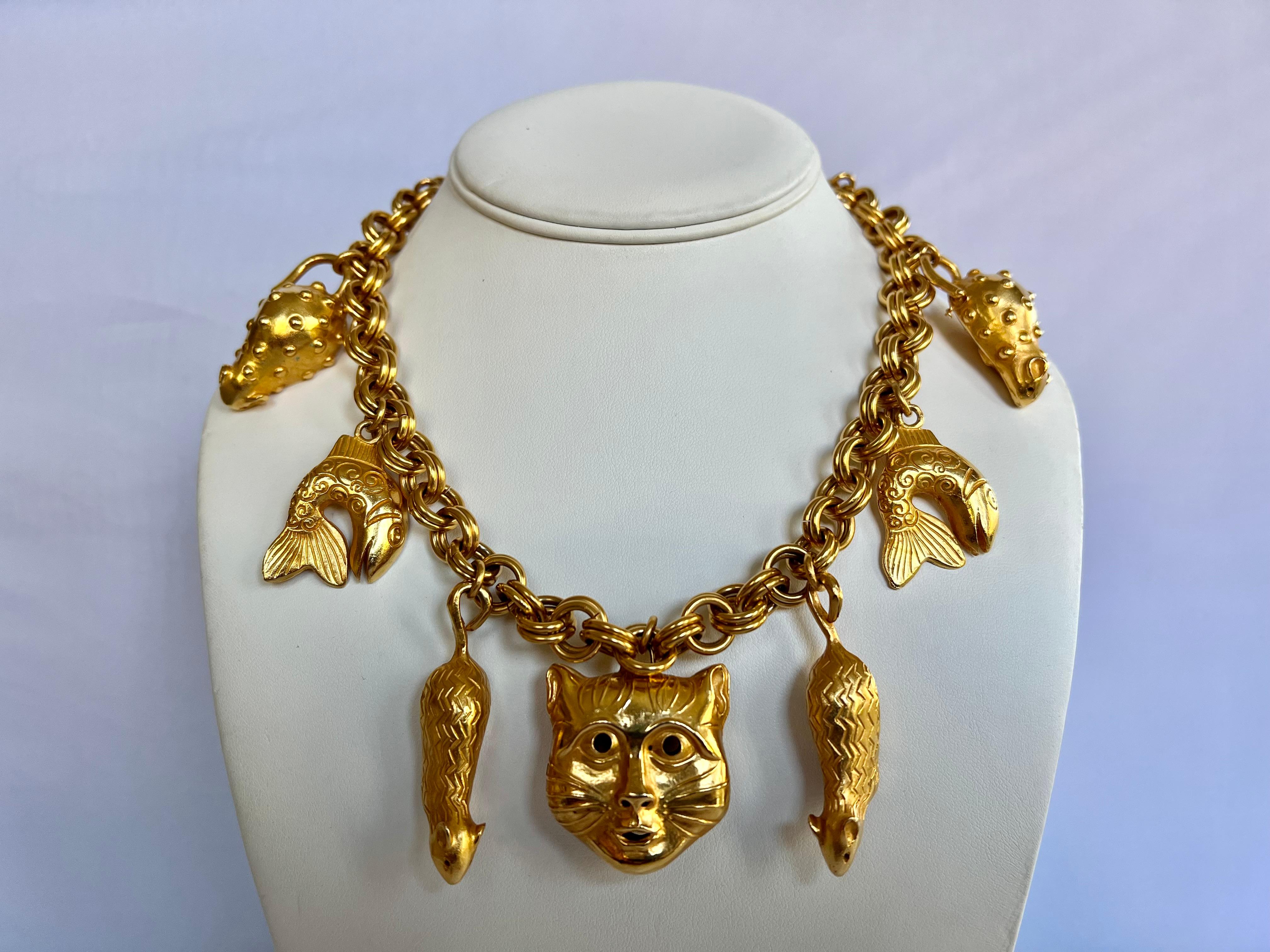 Women's Vintage Cat and Mouse Gilt Charm Necklace by Isabel Canovas  For Sale