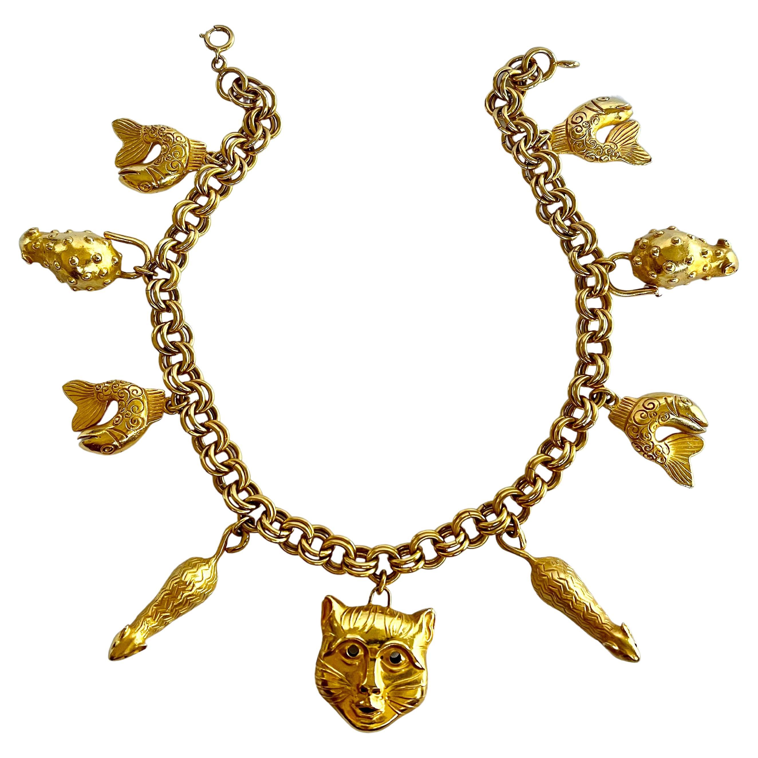 Vintage Cat and Mouse Gilt Charm Necklace by Isabel Canovas  For Sale