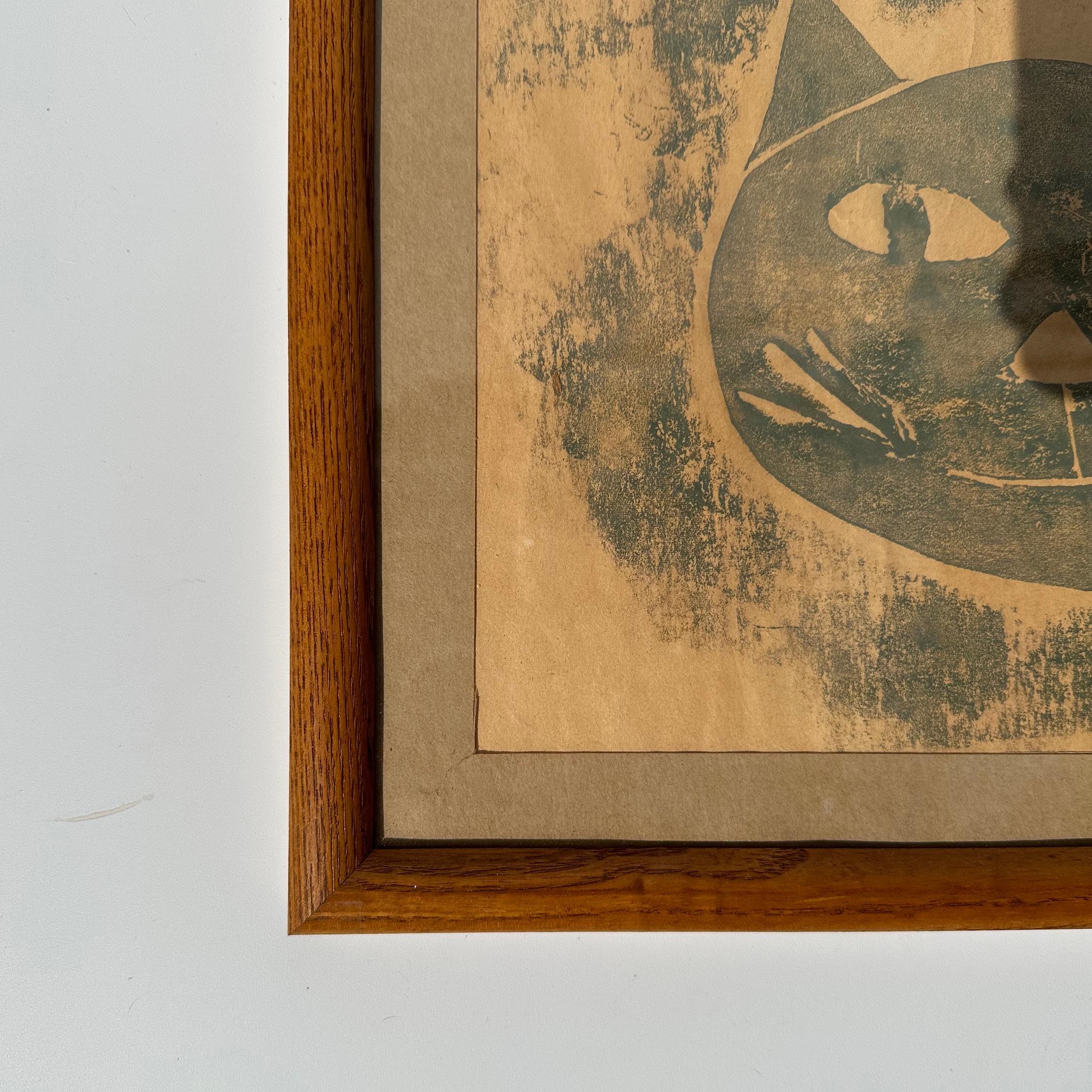 Folk Art Vintage Cat Block Print For Sale