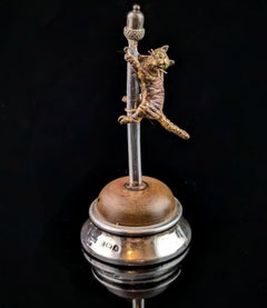 Vintage Cat climbing a pole desk fancy, Bronze and Silver miniature