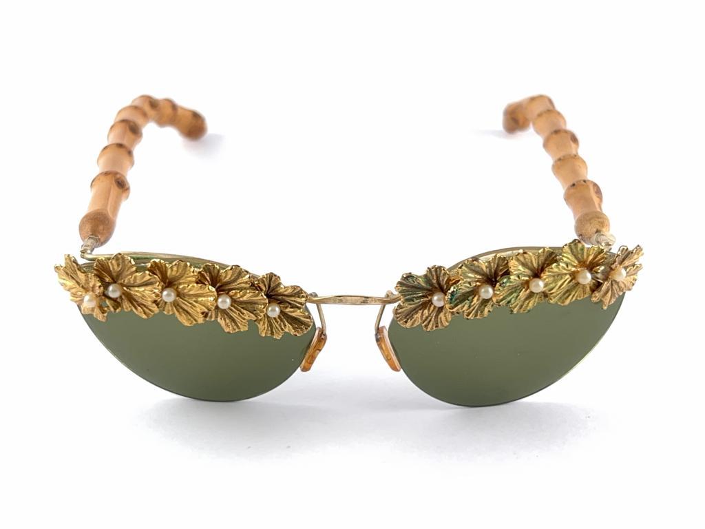 Women's or Men's Vintage Cat Eye Bamboo Filigree & Pearls Wood Mid Century Sunglasses 1960's