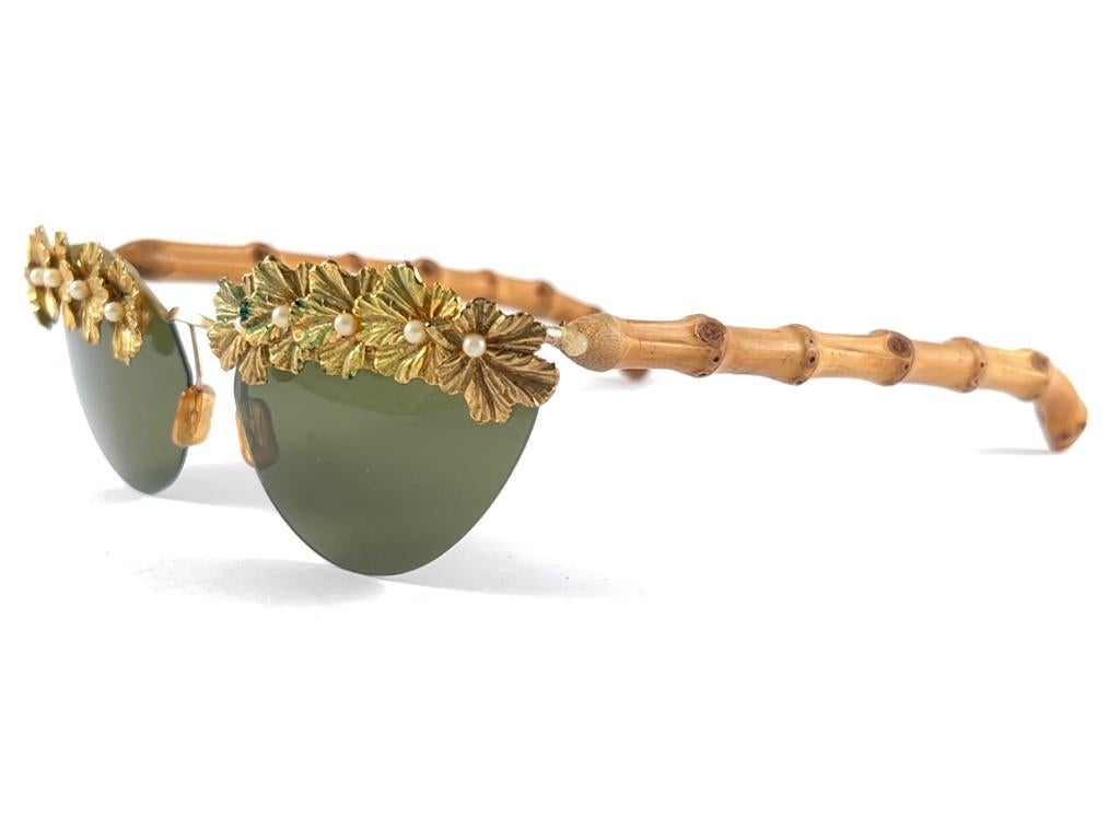 Vintage Cat Eye Bamboo Filigree & Pearls Wood Mid Century Sunglasses 1960's 1