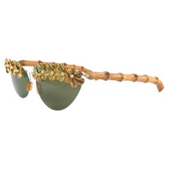 Retro Cat Eye Bamboo Filigree & Pearls Wood Mid Century Sunglasses 1960's