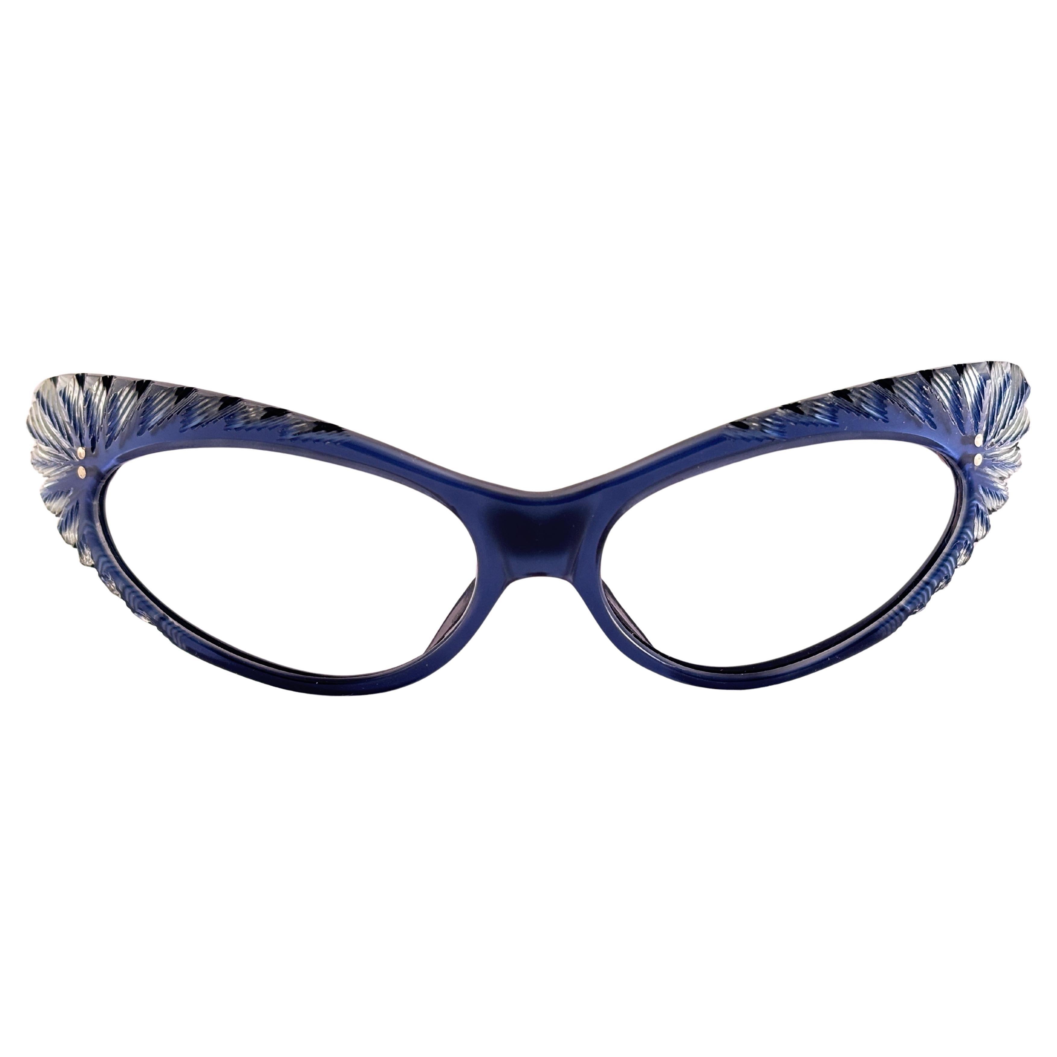 Vintage Cat Eye Blue Feathers Sunglasses Made In France