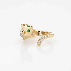 Vintage Cat Ring Diamond Collar Emerald Eyes 18k Yellow Gold Estate Jewelry