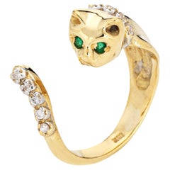 Vintage Cat Ring Diamond Collar Emerald Eyes 18k Yellow Gold Estate Jewelry
