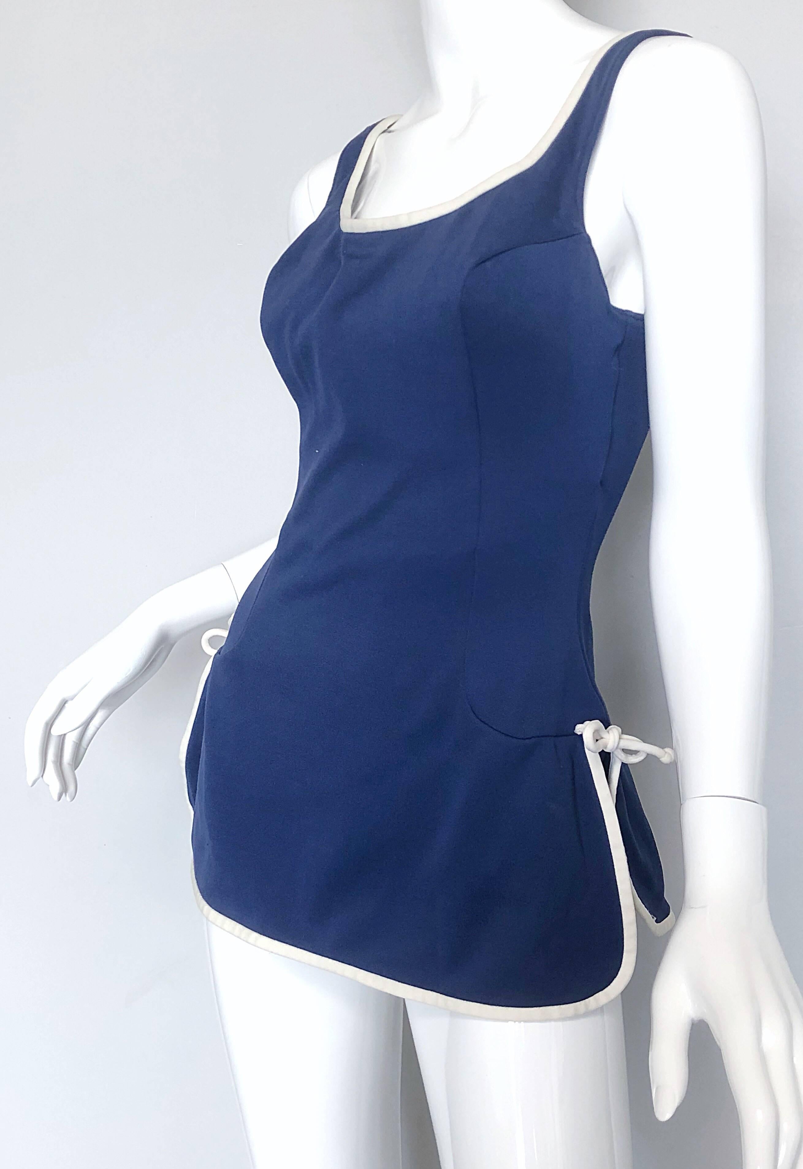 Violet Catalina - Maillot de bain une pièce vintage bleu marine et blanc, nautique, années 1960 en vente