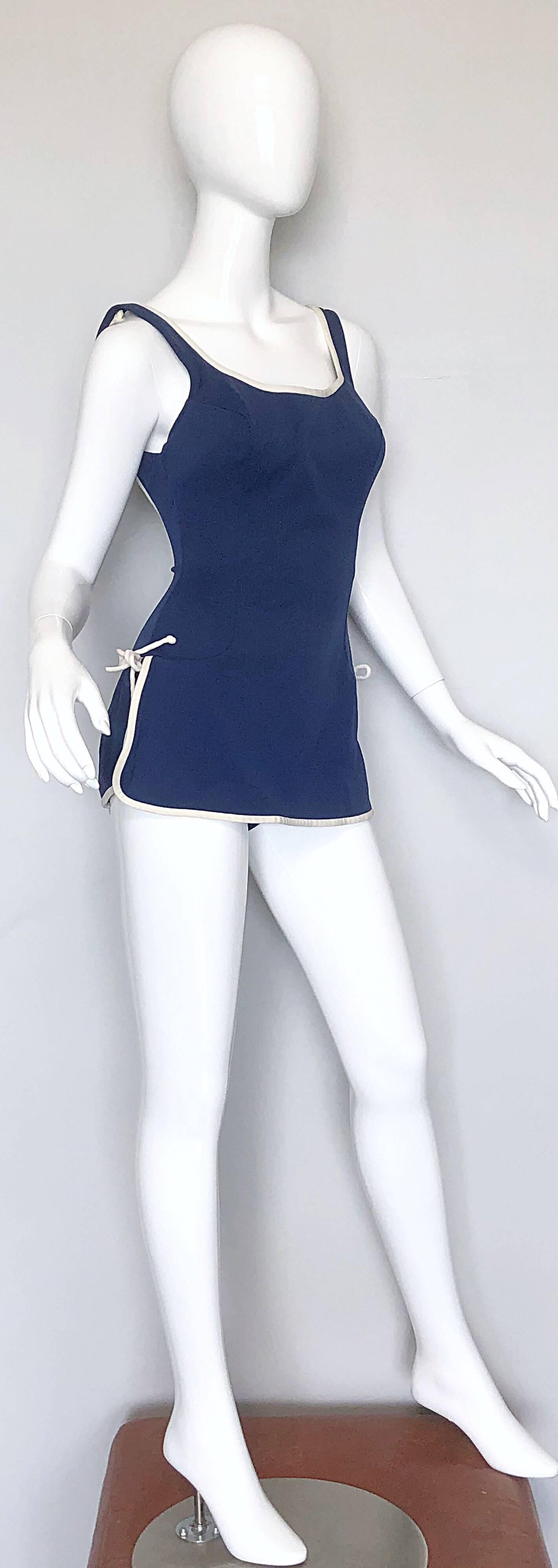 Women's Vintage Catalina 1960s Navy Blue + White Nautical One Piece 60s Romper Swimsuit For Sale