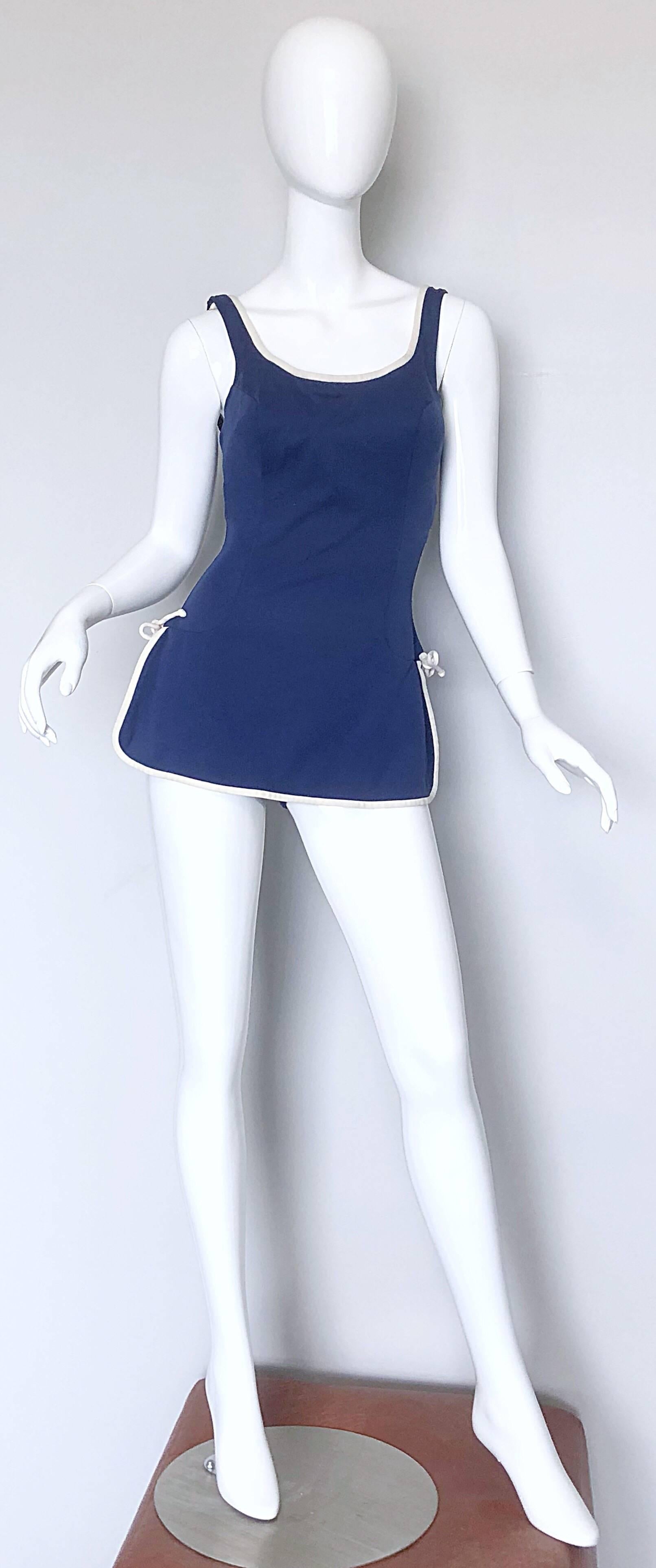 Vintage Catalina 1960s Navy Blue + White Nautical One Piece 60s Romper Swimsuit For Sale 1