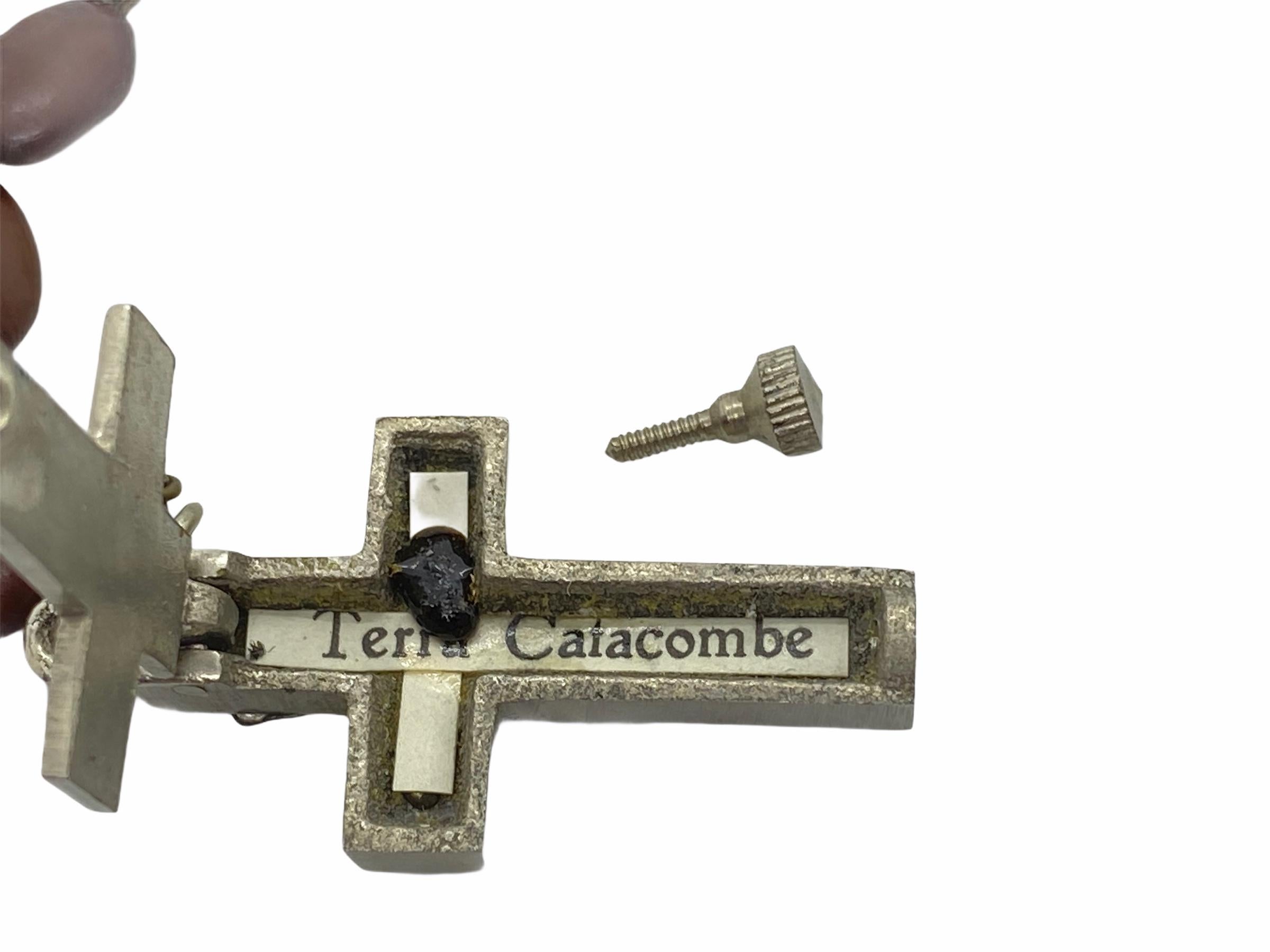 Mid-20th Century Vintage Catholic Reliquary Box Crucifix Pendant with Relics of Catacombs of Rome