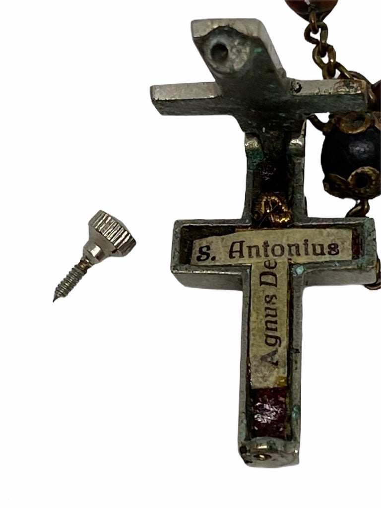 Vintage Catholic Reliquary Box Crucifix Pendant w. Relics of Saints