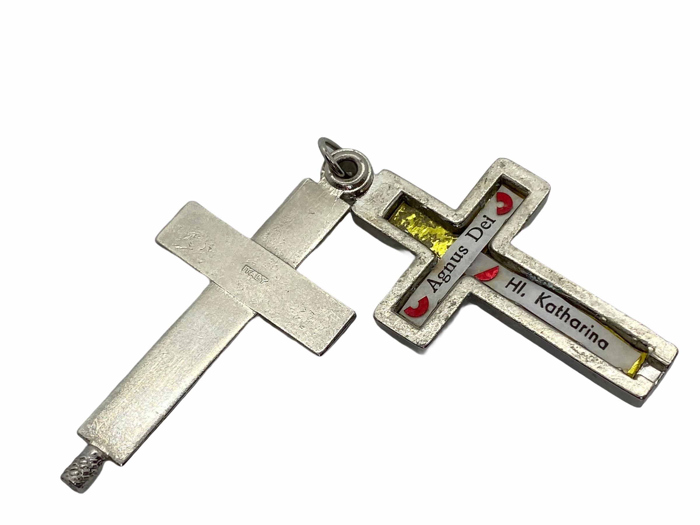 Mid-20th Century Vintage Catholic Reliquary Box Crucifix Pendant with Relics of Saint Catherine
