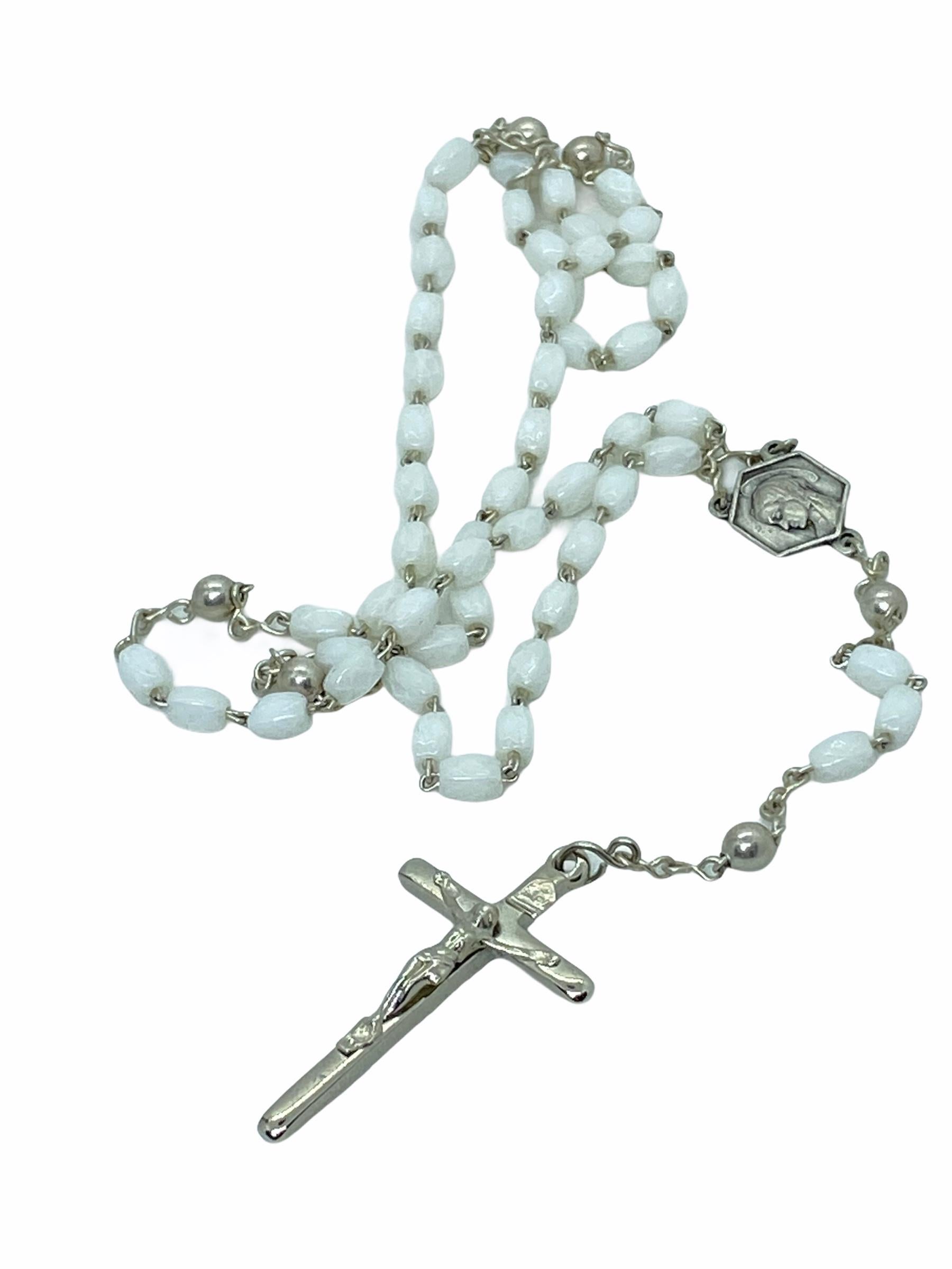 Silvered Vintage Catholic Rosary in Silver Tin Box from Lourdes, France