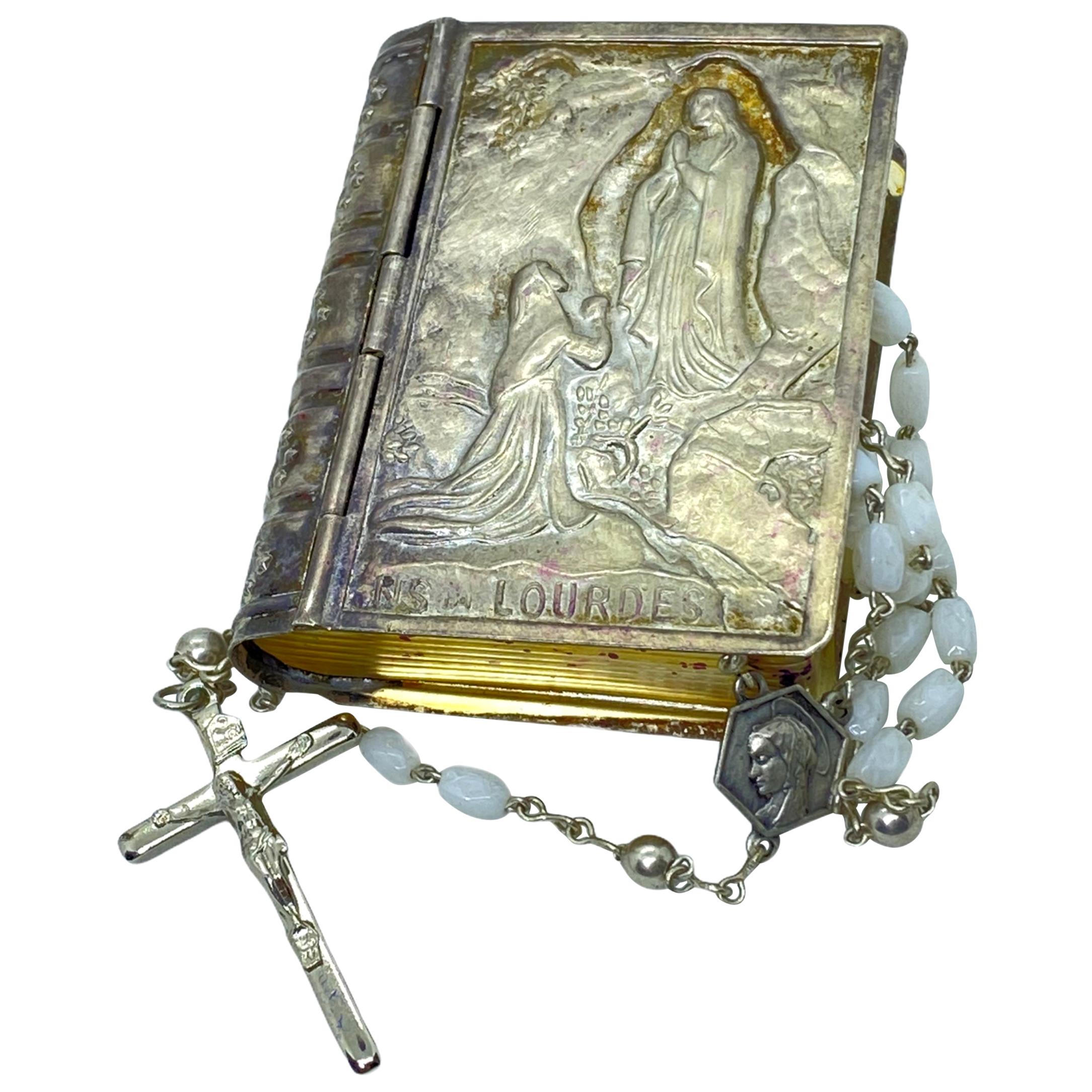 Vintage Catholic Rosary in Silver Tin Box from Lourdes, France