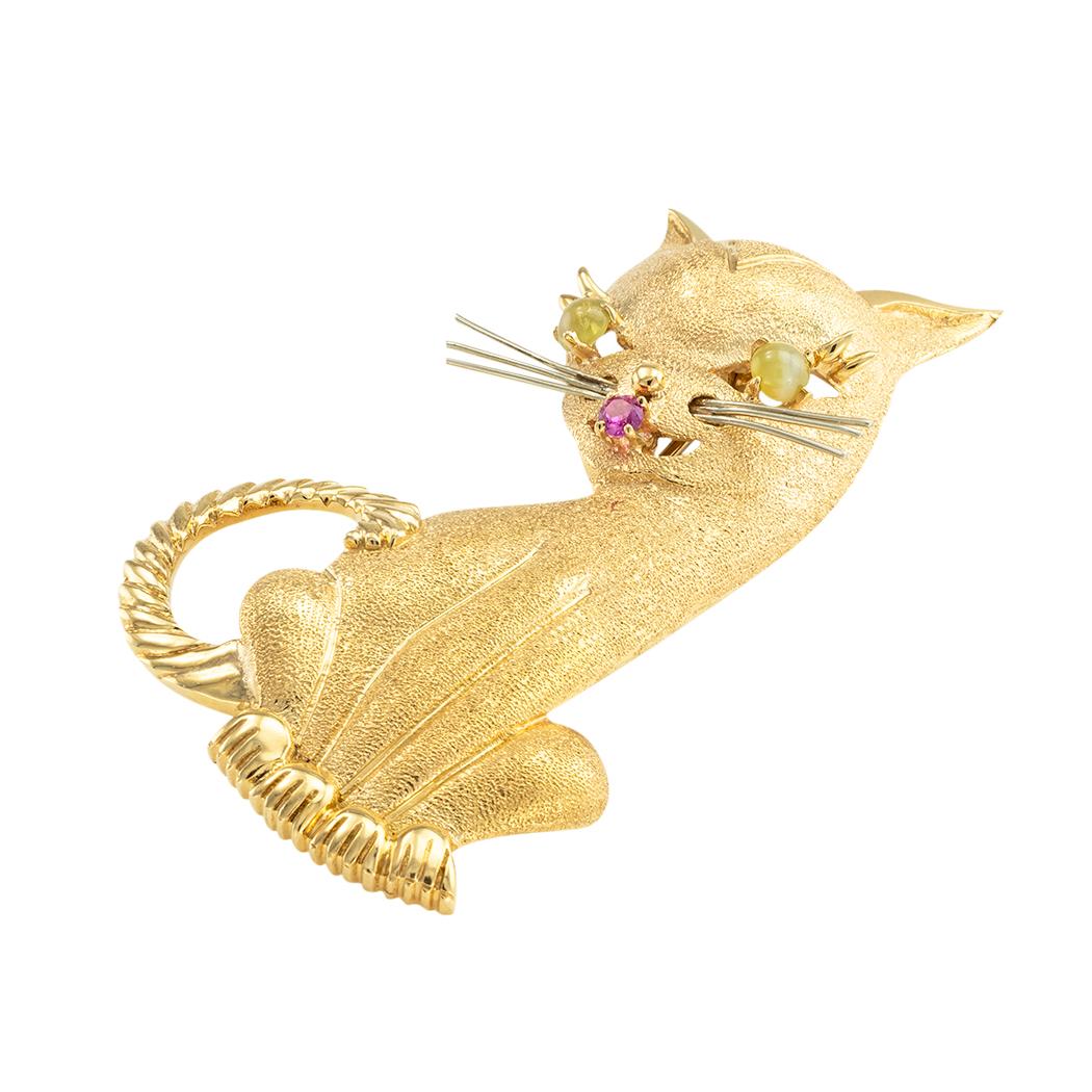 Cat Brosche mit Anhänger, Katzenauge Rubin Gold (Rundschliff) im Angebot