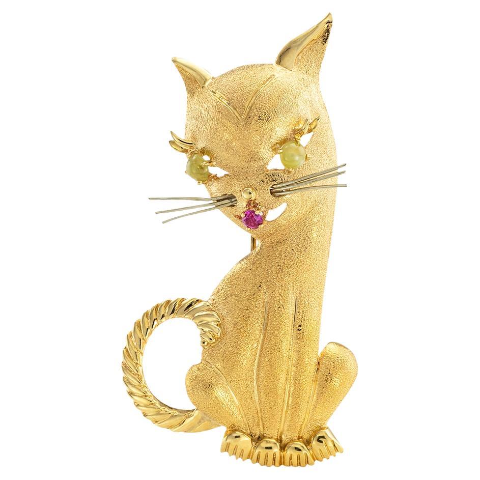 Cat Brosche mit Anhänger, Katzenauge Rubin Gold